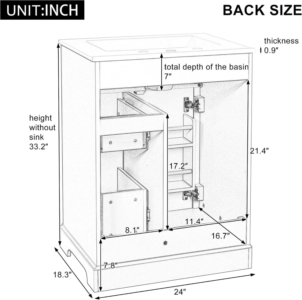 Bathroom Vanity with Sink 24 Inch, Tip-Out Drawer and Door Rack, Adjustable Shelf, Soft-Closing Drawers and Door, White