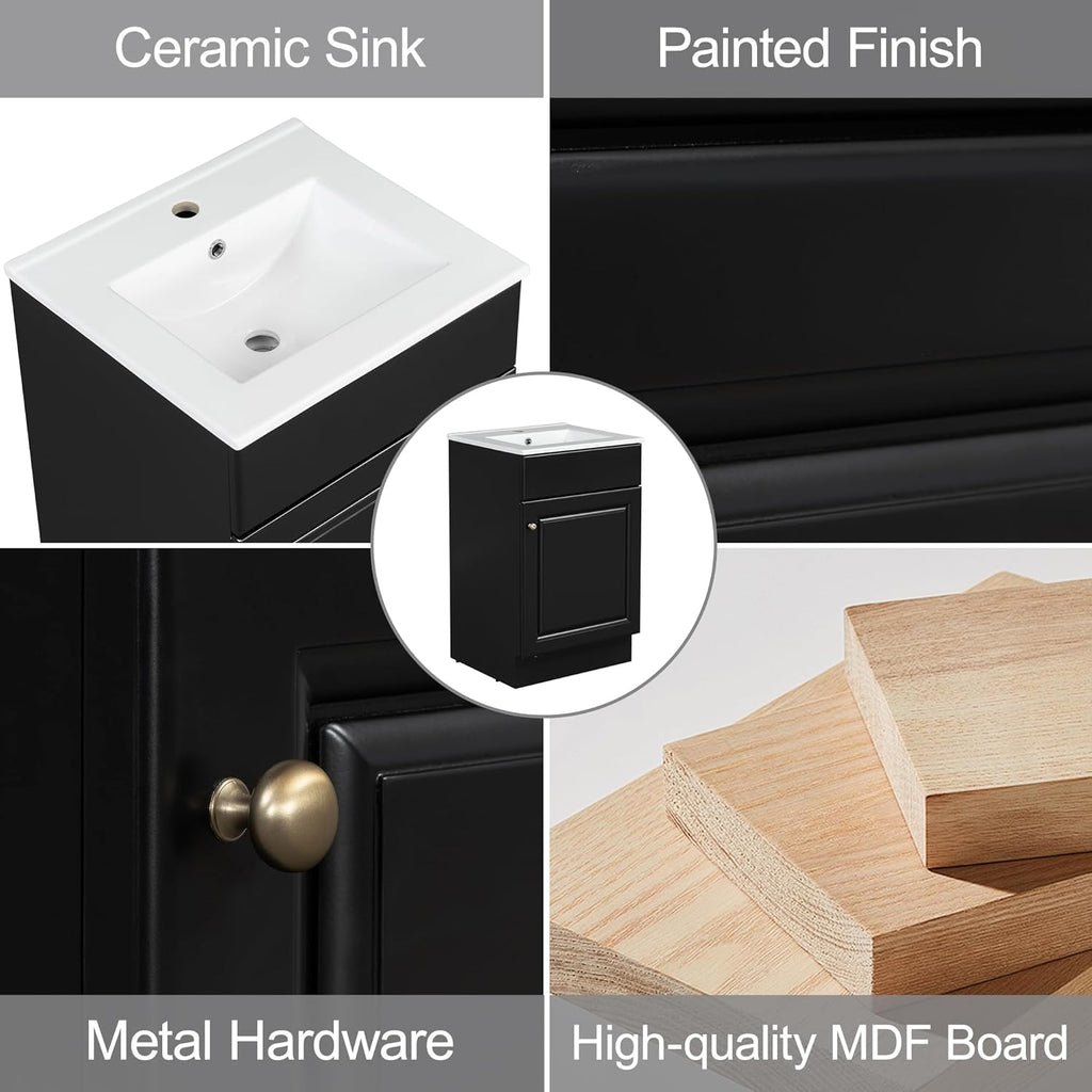 20 Inch Bathroom Vanity Sink Combo, Free Standing Single Bathroom Storage Cabinet with Adjustable Shelf & Storage Rack, Wooden Bathroom Vanity Set with Ceramic Basin for Bathroom (Black)