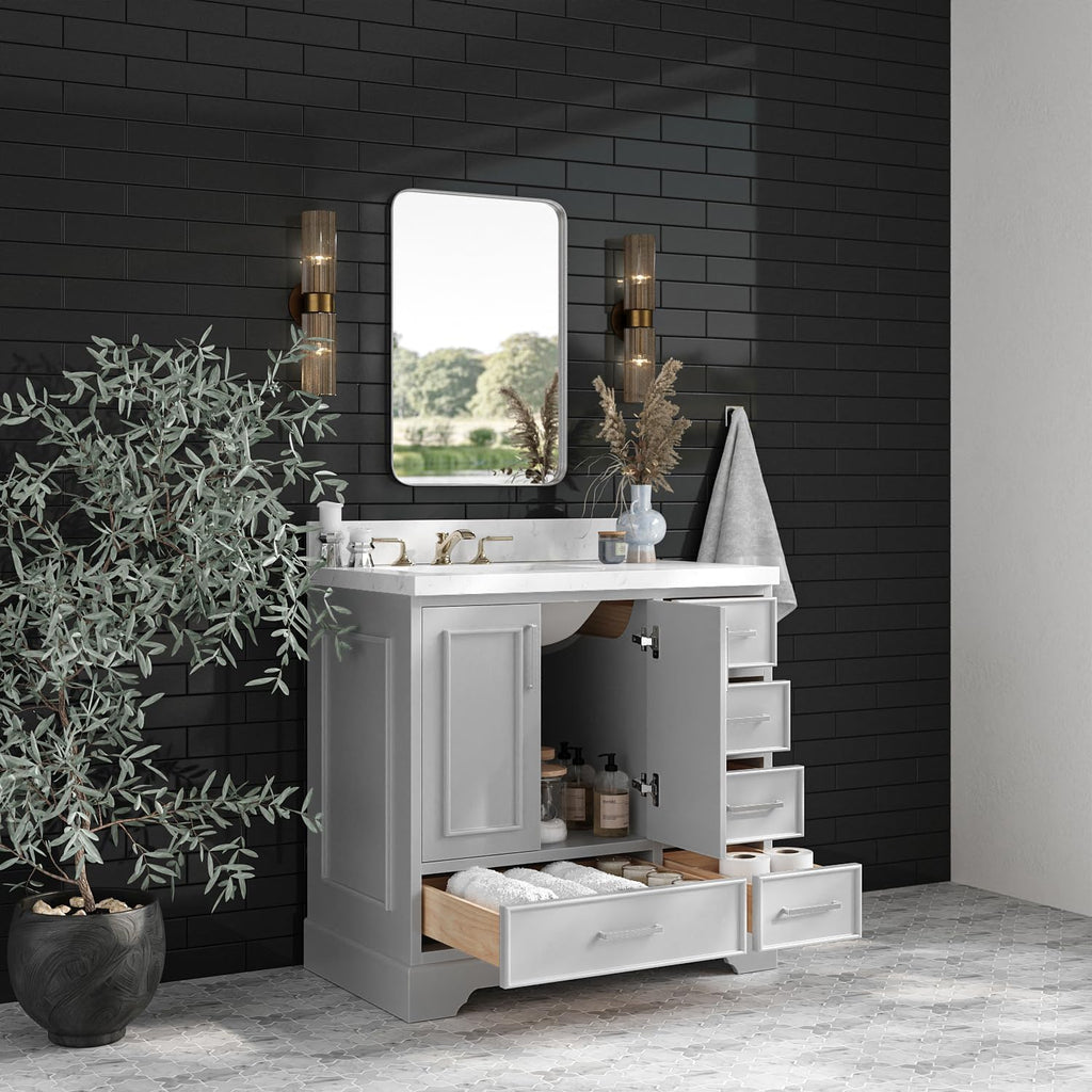 ARIEL Stafford 36-inch Bathroom Vanity with Sink,Solid Wood, 1.5-inch Carrara White Quartz Countertop & Backsplash, Single Rectangular Porcelain Sink, 2 Soft Closing Doors, 5 Dovetail Drawers, Grey