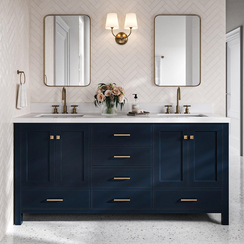 DKB Beckford 72 Inch Bathroom Vanity Double Sink — Midnight Blue Bathroom Vanity with Sink, 1.5' Edge Pure White Quartz Countertop & Backsplash, 4 Soft-Close Doors, 6 Dovetail Drawers