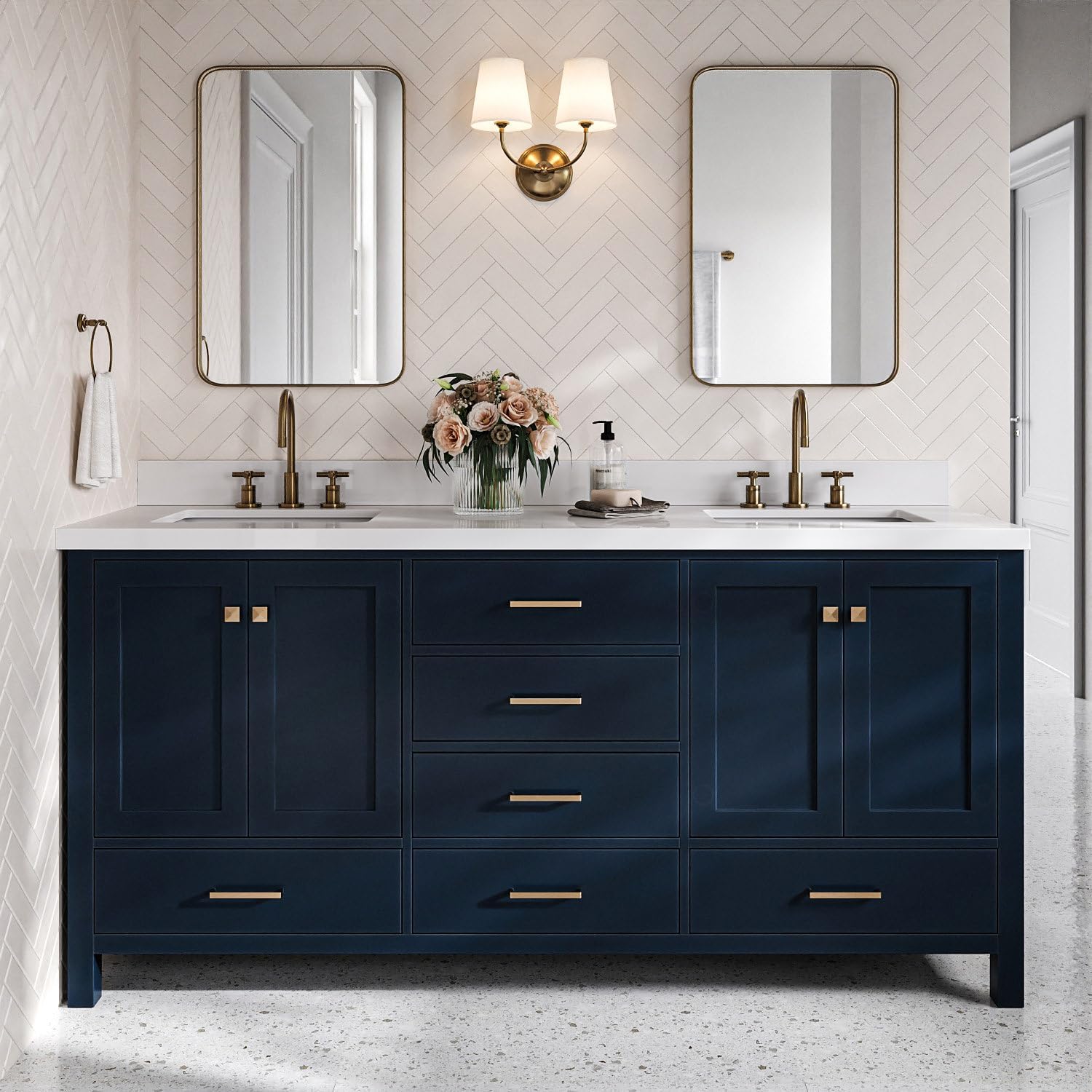DKB Beckford 72 Inch Bathroom Vanity Double Sink — Midnight Blue Bathroom Vanity with Sink, 1.5' Edge Pure White Quartz Countertop & Backsplash, 4 Soft-Close Doors, 6 Dovetail Drawers