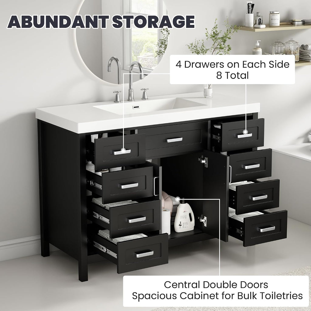 Harper & Bright Designs 48' Bathroom Vanity Set with Sink, Free Standing Single Basin Vanity Set with 2 Soft-Close Doors and 8 Drawers, Wood Storage Cabinet with Resin Basin for Bathroom, Black
