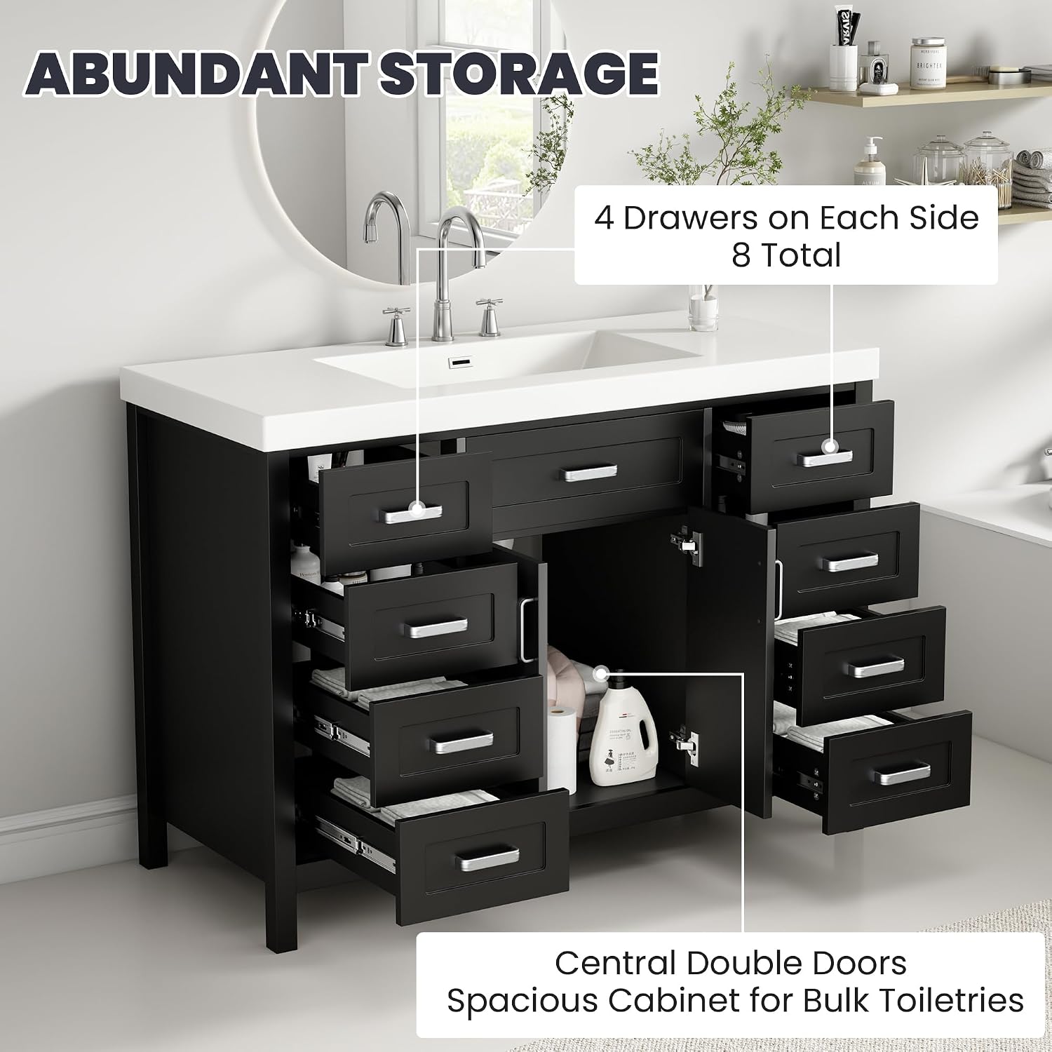 47' Bathroom Vanity Without Sink, Cabinet Only, 2 Doors and 8 Drawers, Soft Close System, Classic Design, Black