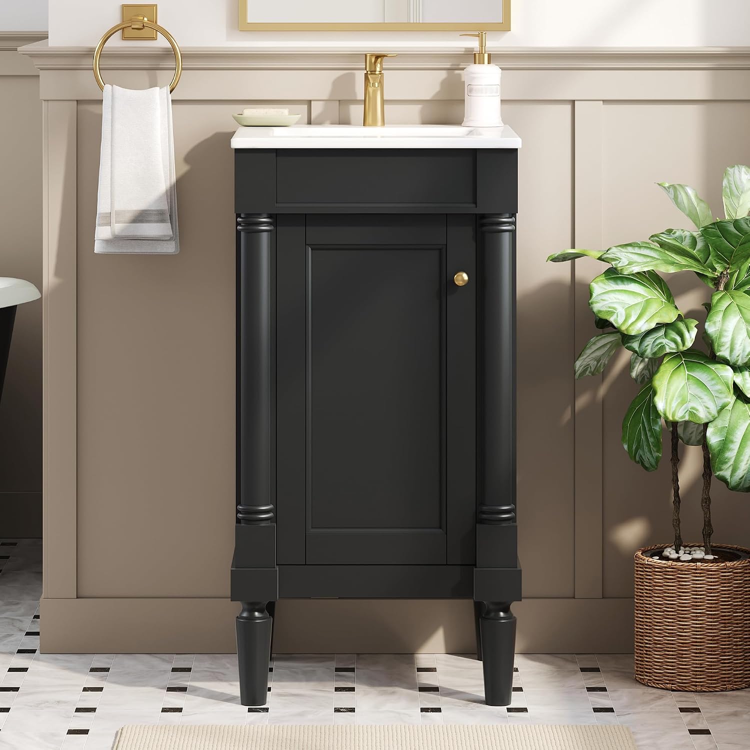 18' Small Bathroom Vanity with Ceramic Sink Freestanding Bathroom Vanity with 1 Soft-Close Door,2-Tier Storage Cabinet with Adjustable Shelf Single Sink Vanity with Roman Column Base,Black