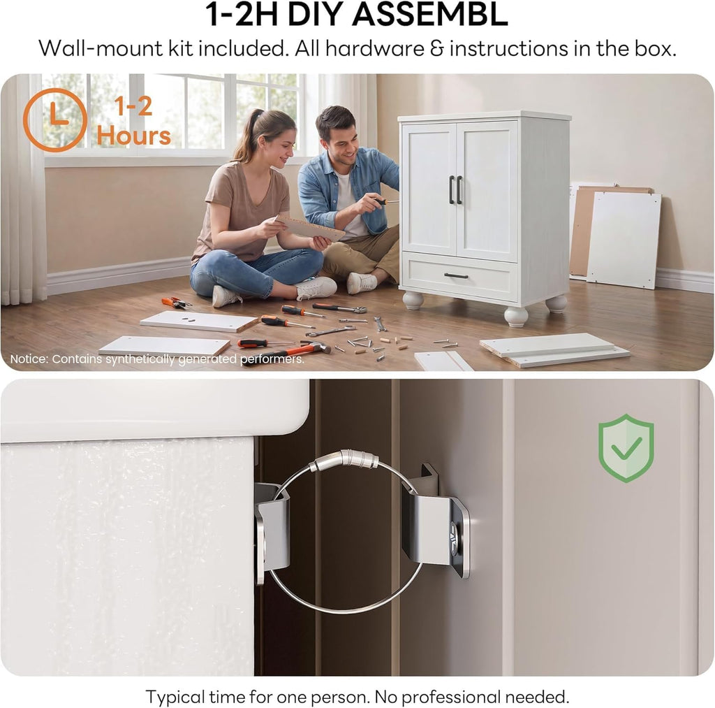 LIKIMIO 24' Bathroom Vanity with Ceramic Sink, Small Bathroom Storage Cabinet, 2 Doors 1 Drawer, 4 Solid Wood Legs, Fits 15-40 sqft Bathroom, White Freestanding Vanity Cabinet for Apartments, Rentals