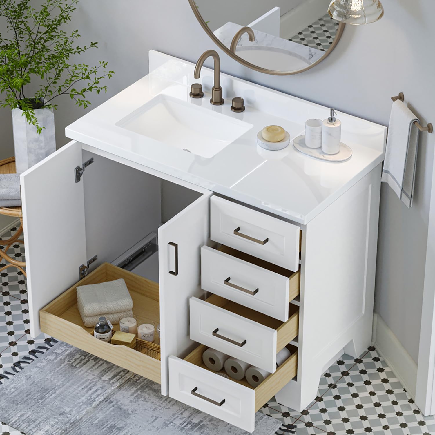 ARIEL Taylor 42-inch Bathroom Vanity with Sink,Solid Wood, 1.5-inch Pure White Quartz Countertop & Backsplash, Single Rectangular Porcelain Sink, 2 Soft Closing Doors, 5 Dovetail Drawers, White