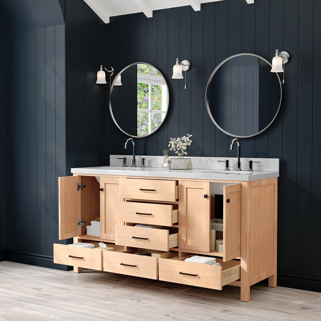 ARIEL Cambridge 66-inch Bathroom Vanity with Sink,Solid Wood, 1.5-inch Italian Carrara Marble Countertop, Double Oval Porcelain Sink, 4 Soft Closing Doors, 6 Dovetail Drawers, White Oak