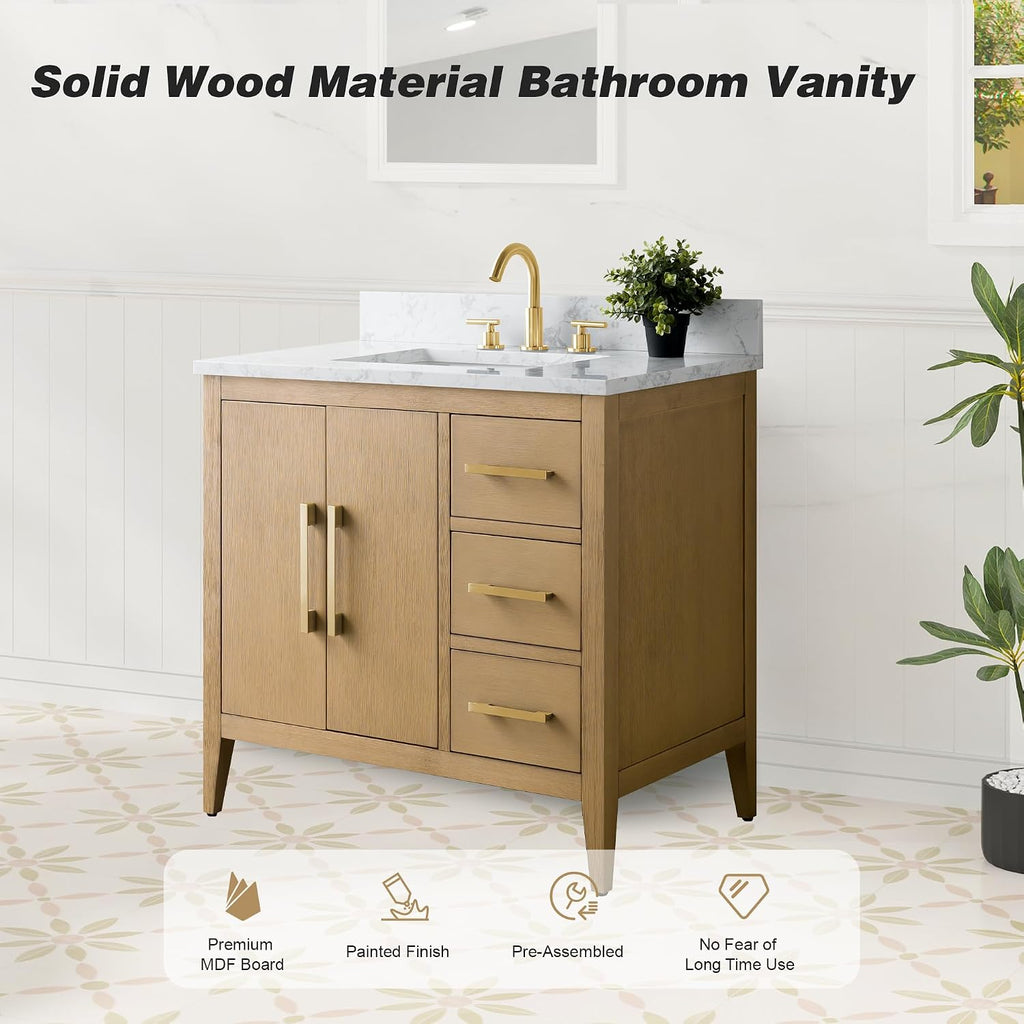 HOMEBEYOND 36 Inch Bathroom Vanities with Sink & Ceramic Top, Single Vanity Cabinet with Basin, Solid Wood Frame, Soft-Closing Doors & Golden Brushed Hardware, Natural Oak
