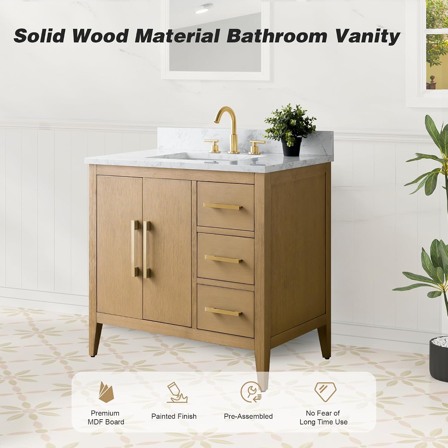 HOMEBEYOND 36 Inch Bathroom Vanities with Sink & Ceramic Top, Single Vanity Cabinet with Basin, Solid Wood Frame, Soft-Closing Doors & Golden Brushed Hardware, Natural Oak