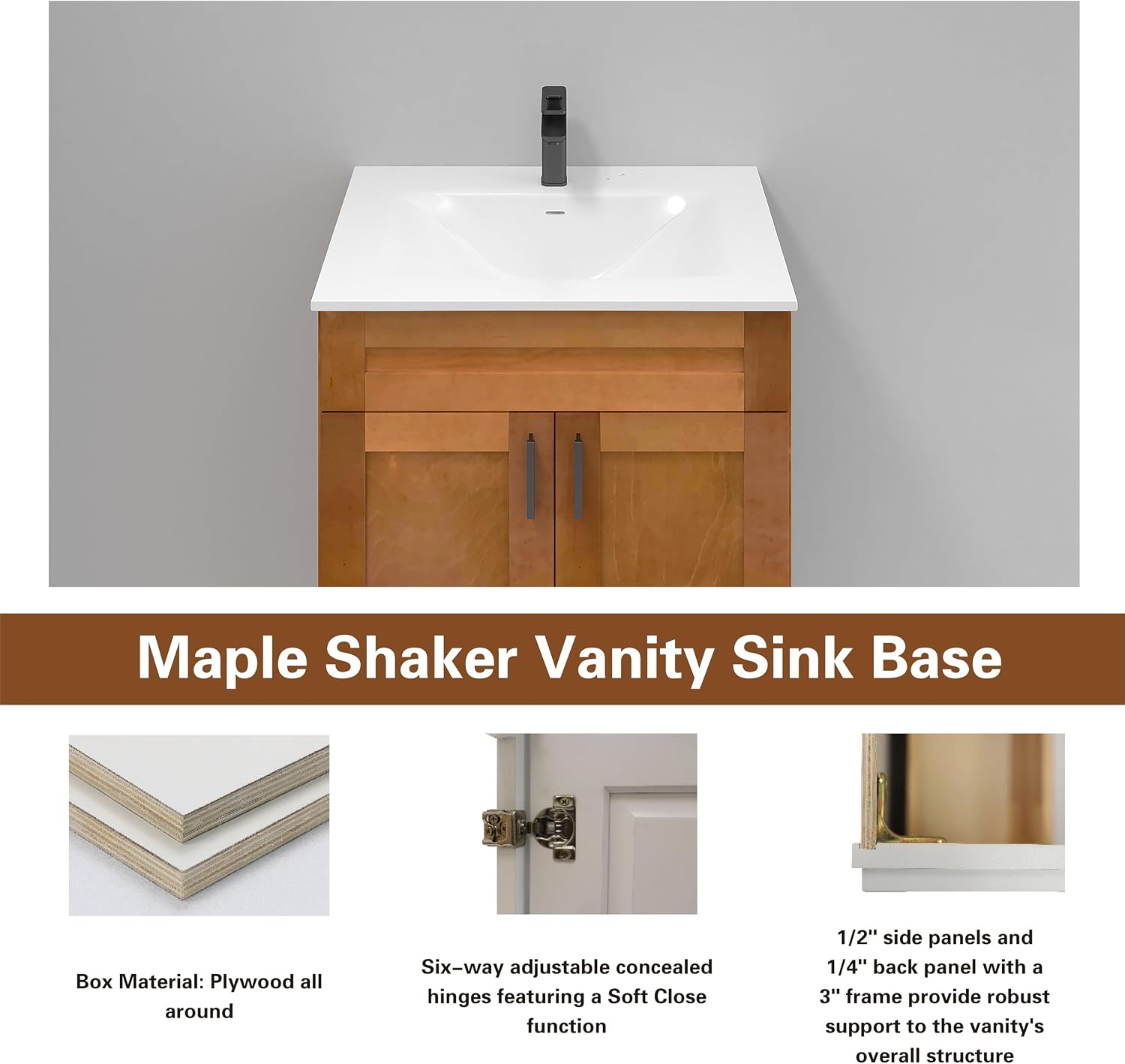 Maple Shaker Sink Base Bathroom Vanity 24'/30'/36' Width (36' Width)