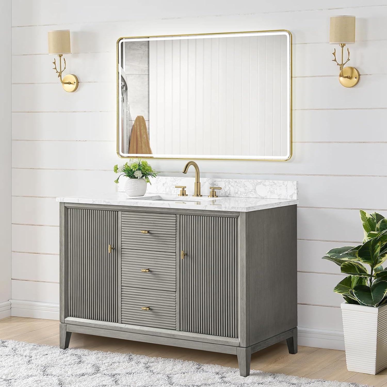 HOMEBEYOND 48' Bathroom Vanity with Single Sink & Engineered Marble Top, Solid Wood Frame, Linear Pattern & Soft Close Door | Golden Brushed Handware, Driftwood Gray