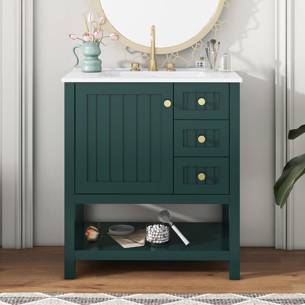 LUMISOL 30' Bathroom Vanity with Sink, Modern Bathroom Storage Vanity with 2 Drawers, Open Shelf & Storage Door, Solid Wood Bathroom Cabinet with Ceramic Sink, Green
