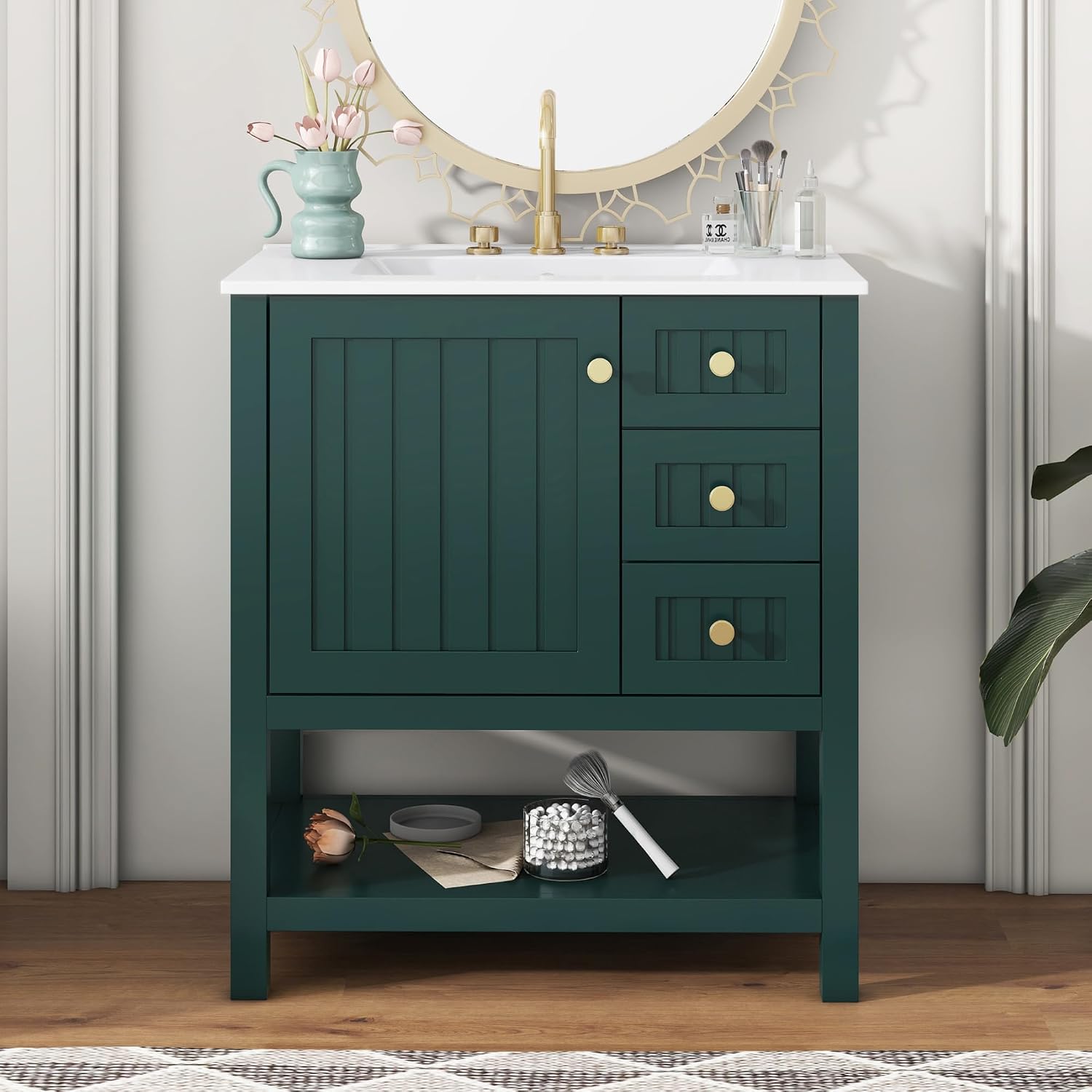 LUMISOL 30' Bathroom Vanity with Sink, Modern Bathroom Storage Vanity with 2 Drawers, Open Shelf & Storage Door, Solid Wood Bathroom Cabinet with Ceramic Sink, Green