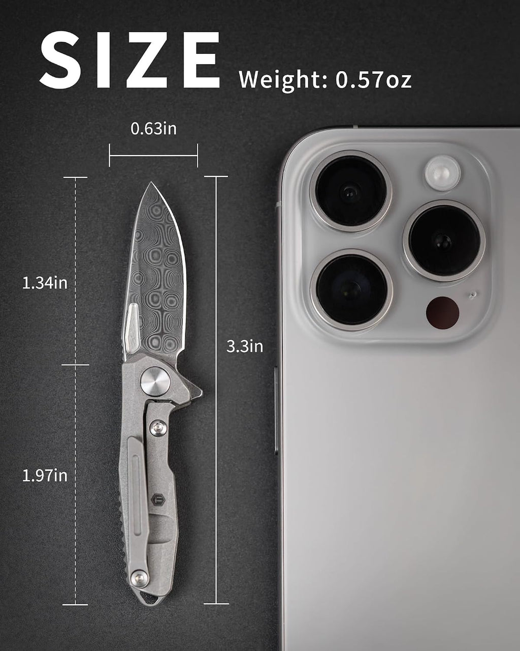KeyUnity Titanium Mini Knife, Damascus Pattern Blade 1.34', Pocket Utility Tool with Clip for Everyday Carry