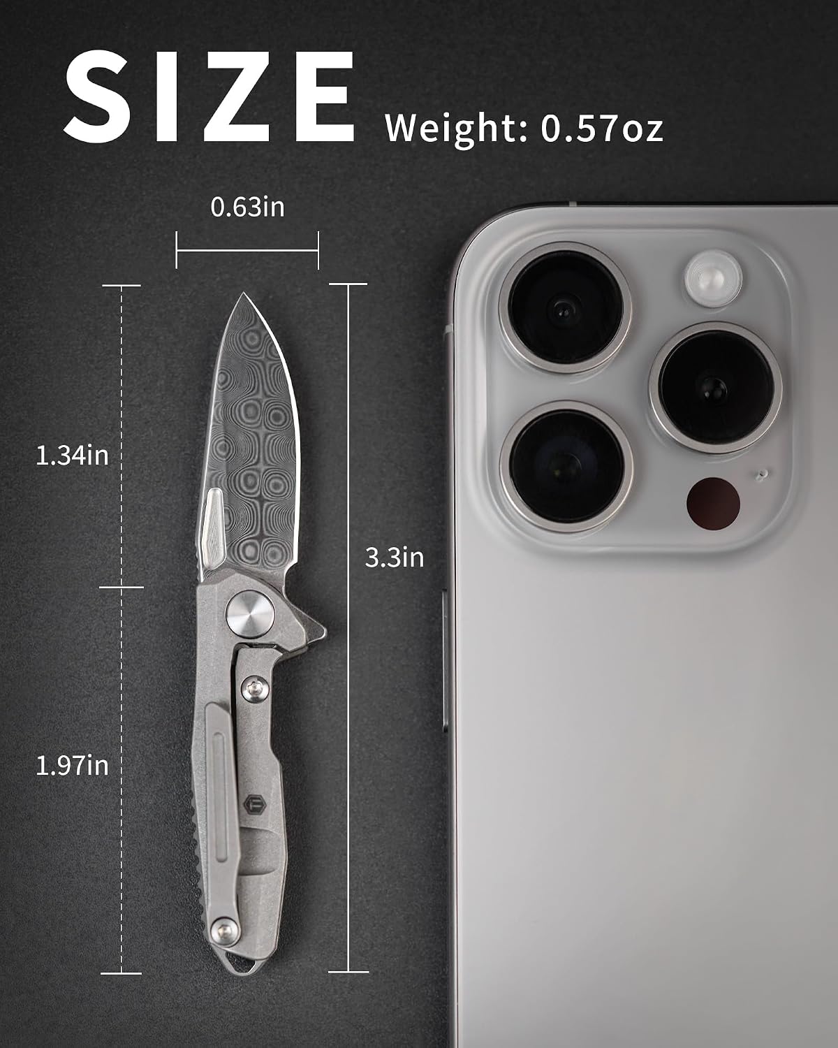 KeyUnity Titanium Mini Knife, Damascus Pattern Blade 1.34', Pocket Utility Tool with Clip for Everyday Carry