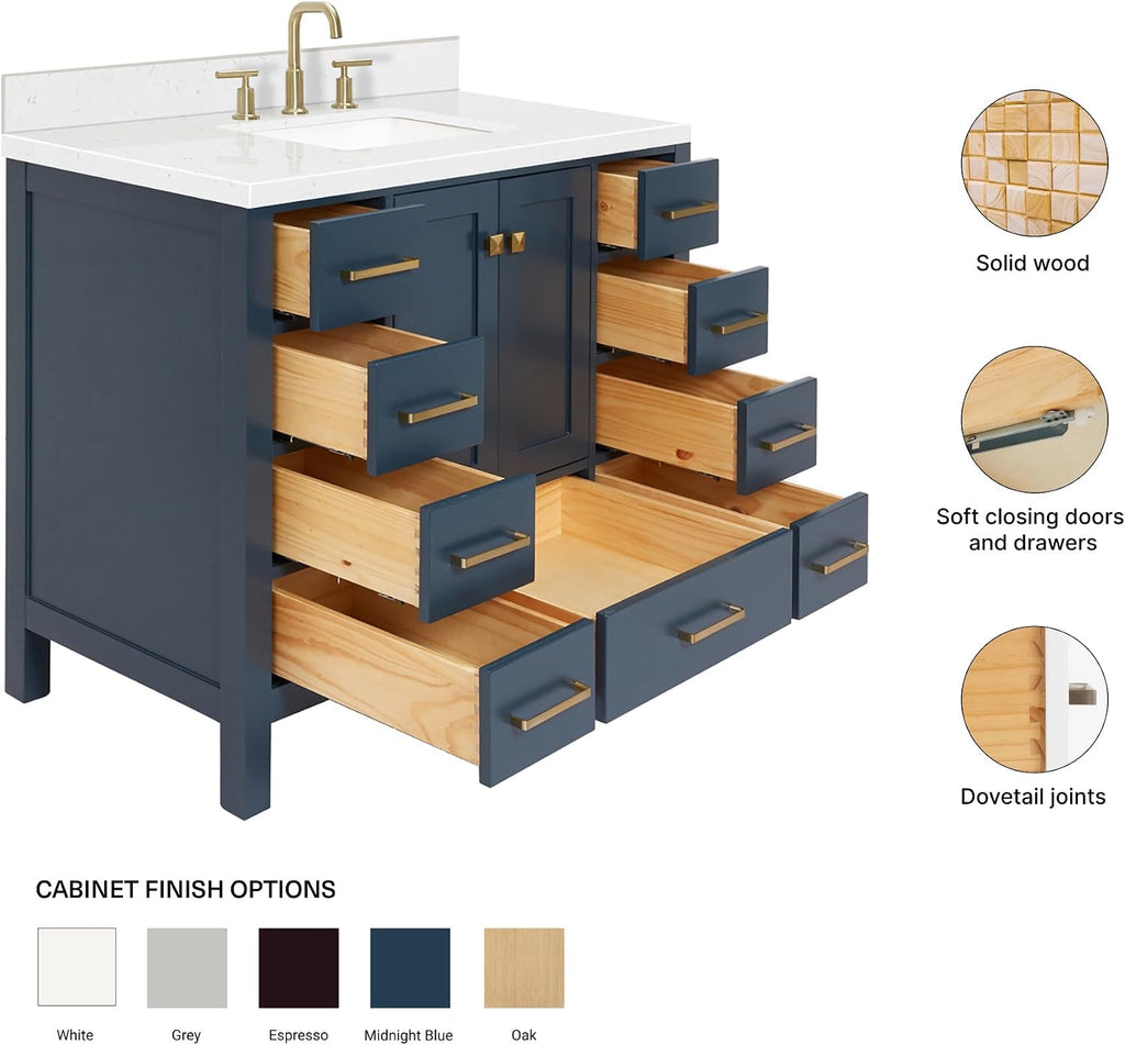 ARIEL Cambridge 42-inch Bathroom Vanity with Sink,Solid Wood, 1.5-inch Carrara White Quartz Countertop, Single Rectangular Porcelain Sink, 2 Soft Closing Doors, 9 Dovetail Drawers, Midnight Blue