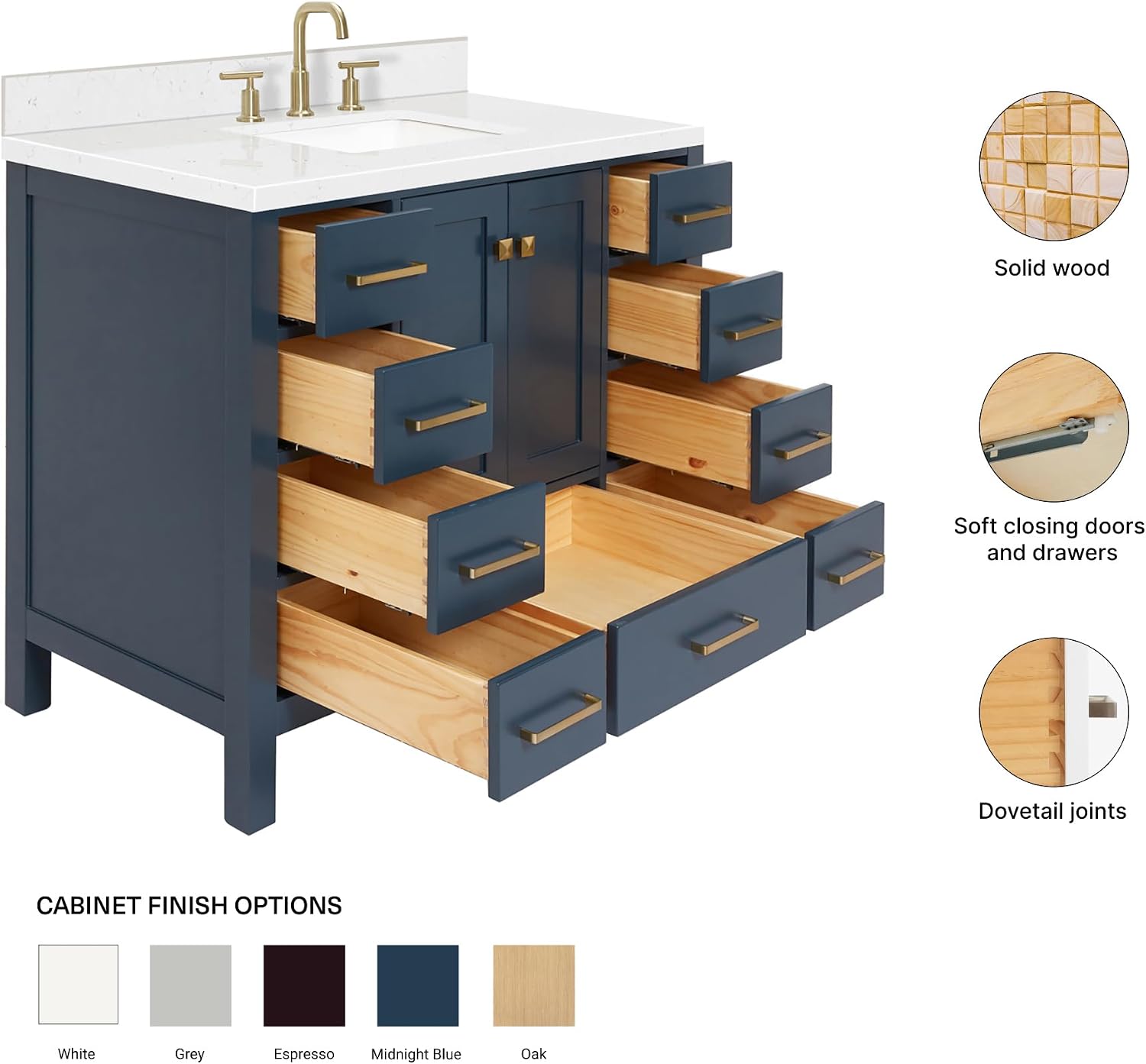 ARIEL Cambridge 42-inch Bathroom Vanity with Sink,Solid Wood, 1.5-inch Carrara White Quartz Countertop, Single Rectangular Porcelain Sink, 2 Soft Closing Doors, 9 Dovetail Drawers, Midnight Blue