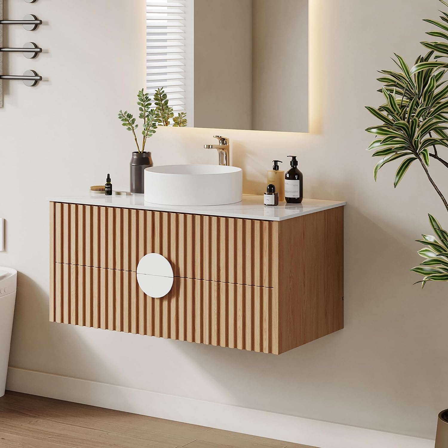 36' Floating Bathroom Vanity with Sink, Modern Wall Mounted Vanity Bathroom Storage Cabinet with Fluted Drawers, White Sintered Stone Top Ceramic Basin, Light Wood
