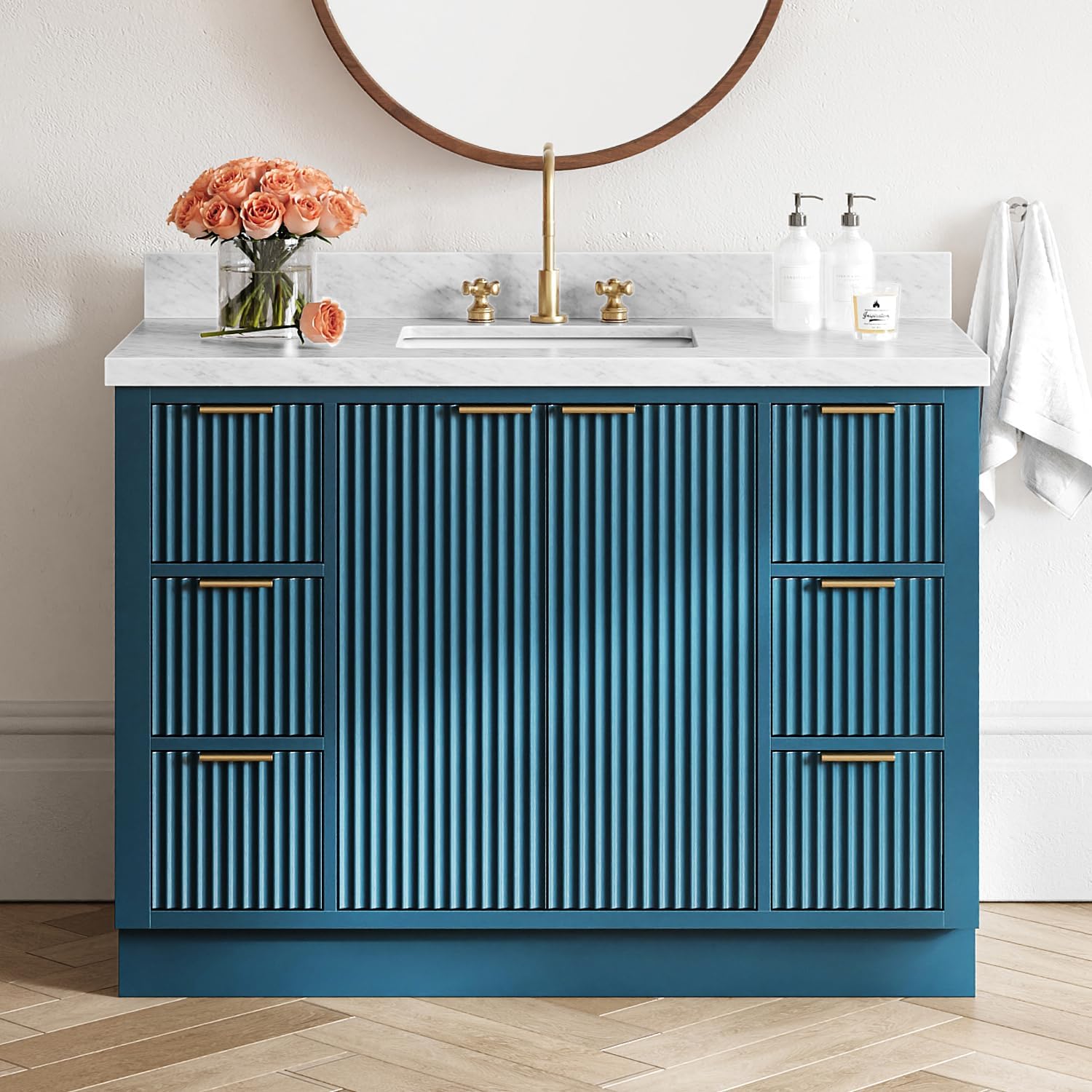 ARIEL Milan 48-inch Bathroom Vanity with Sink,Solid Wood, 1.5-inch Italian Carrara Marble Countertop, Single Rectangular Porcelain Sink, Soft Closing Doors, Dovetail Drawers, Vintage Blue