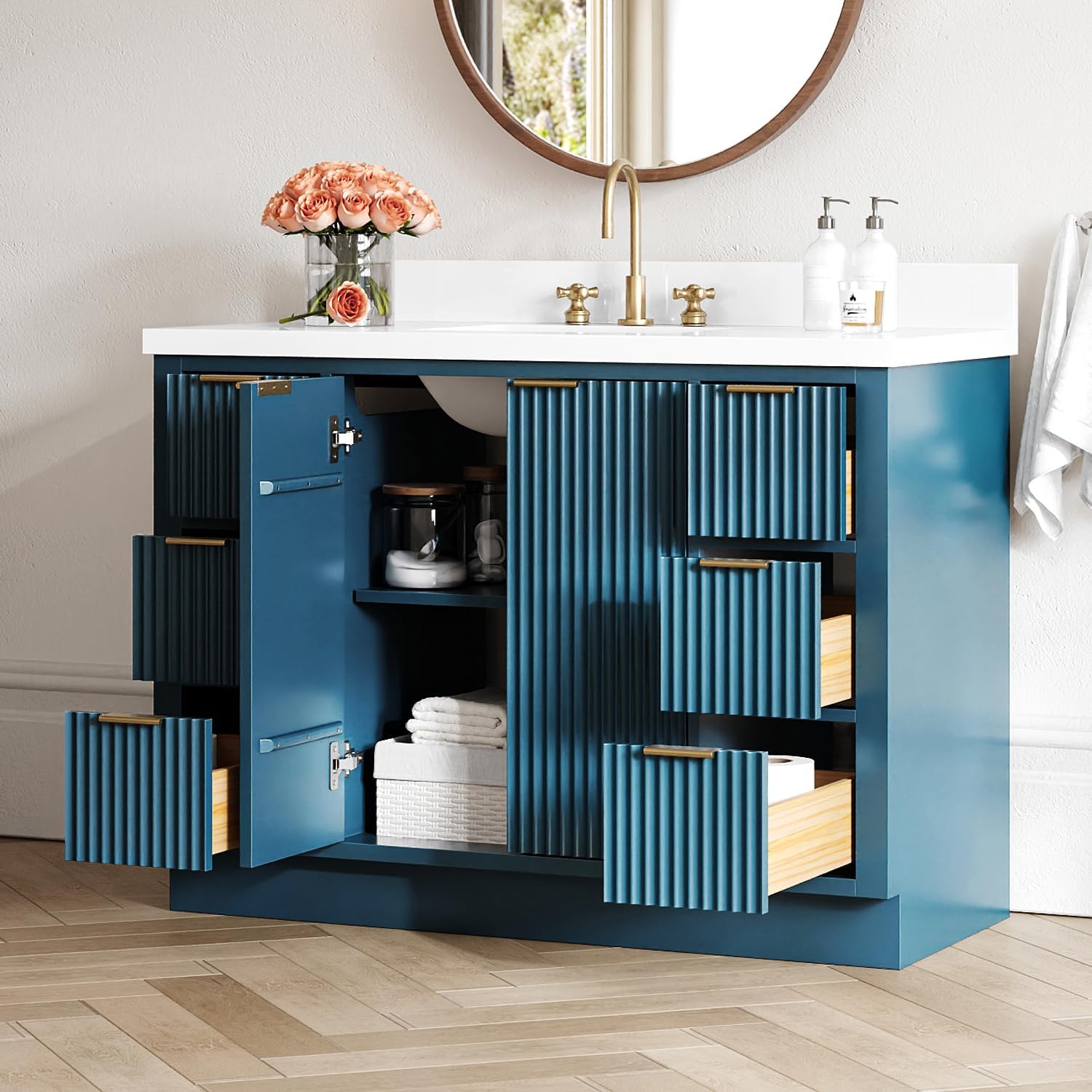 ARIEL Milan 48-inch Bathroom Vanity with Sink,Solid Wood, 1.5-inch Pure White Quartz Countertop, Single Rectangular Porcelain Sink, Soft Closing Doors, Dovetail Drawers, Vintage Blue