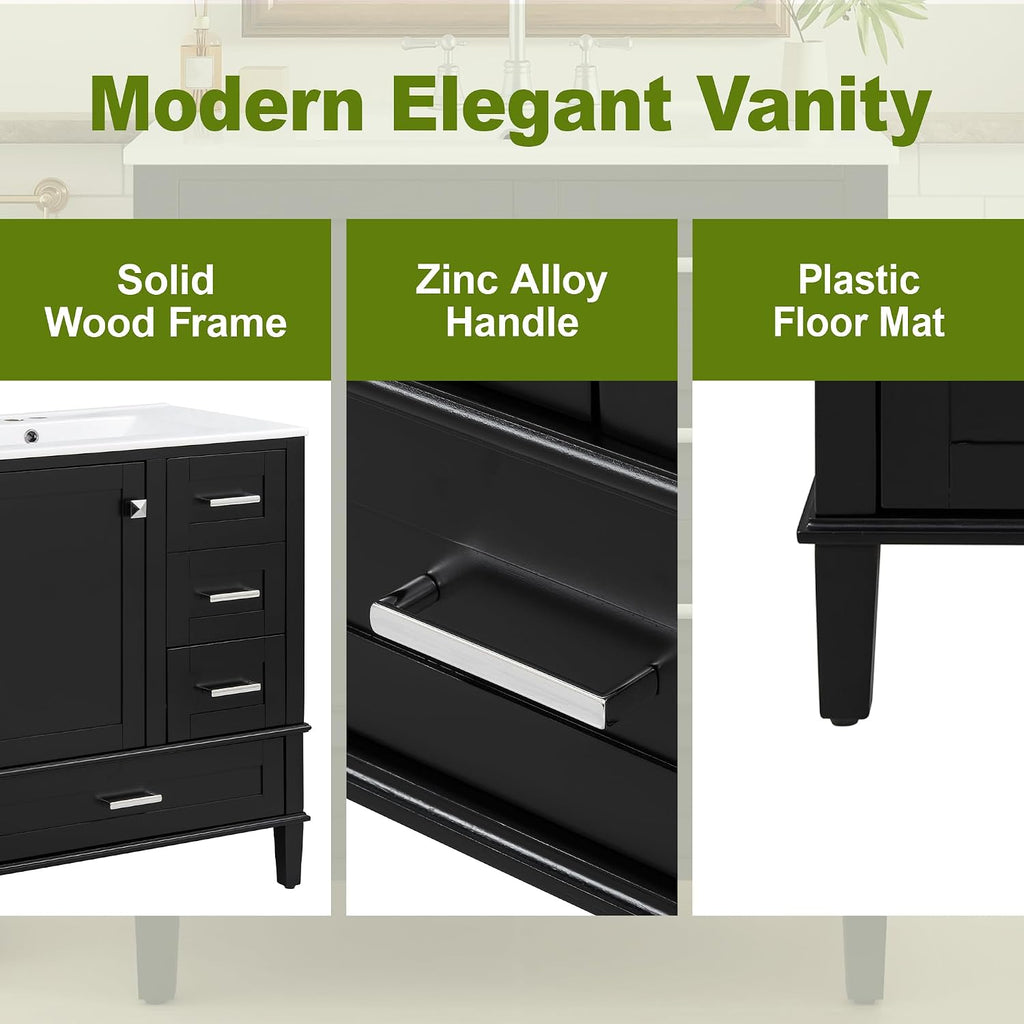 Harper & Bright Designs 30' Bathroom Vanity with Sink, Free Standing Single Basin Vanity Set with One Door, 2 Drawers and Divided Drawers, Wood Bathroom Cabinet with Ceramic Basin for Bathroom, Black