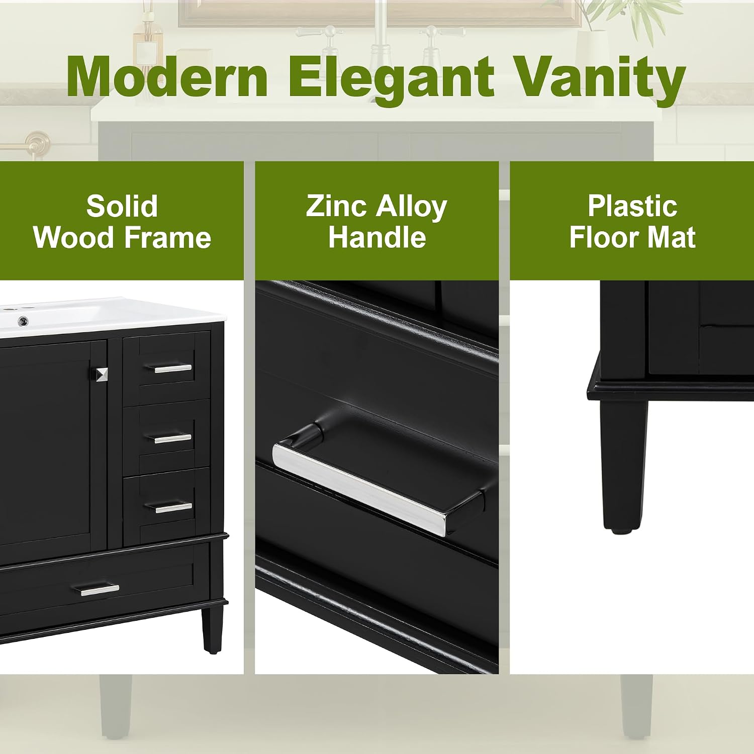 Harper & Bright Designs 30' Bathroom Vanity with Sink, Free Standing Single Basin Vanity Set with One Door, 2 Drawers and Divided Drawers, Wood Bathroom Cabinet with Ceramic Basin for Bathroom, Black