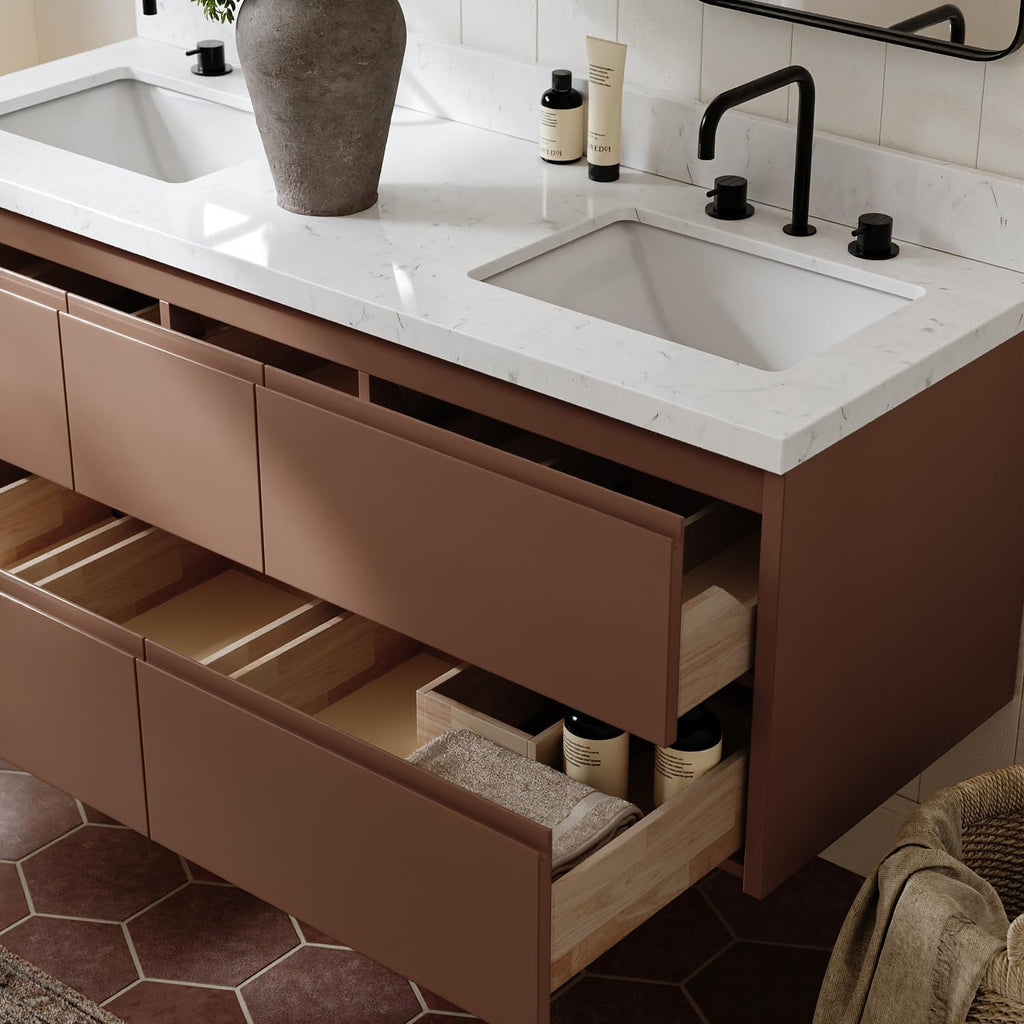 ARIEL West 60 Inch Wall-Mounted Double Rectangle Sink Bathroom Vanity with Carrara White Quartz Countertop 1.5 Inch in Mocha