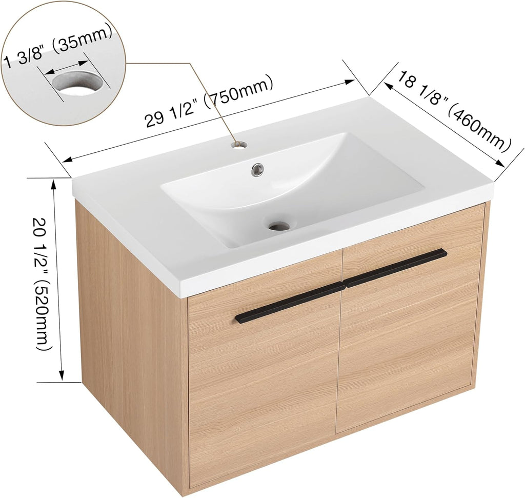 30 Inch Floating Bathroom Vanity with Sink, 30'' Wall Mount Vanity with Resin Countertop, Soft Close Doors, Double Door Storage Cabinet for Small Bathroom, Apartment, Powder Room
