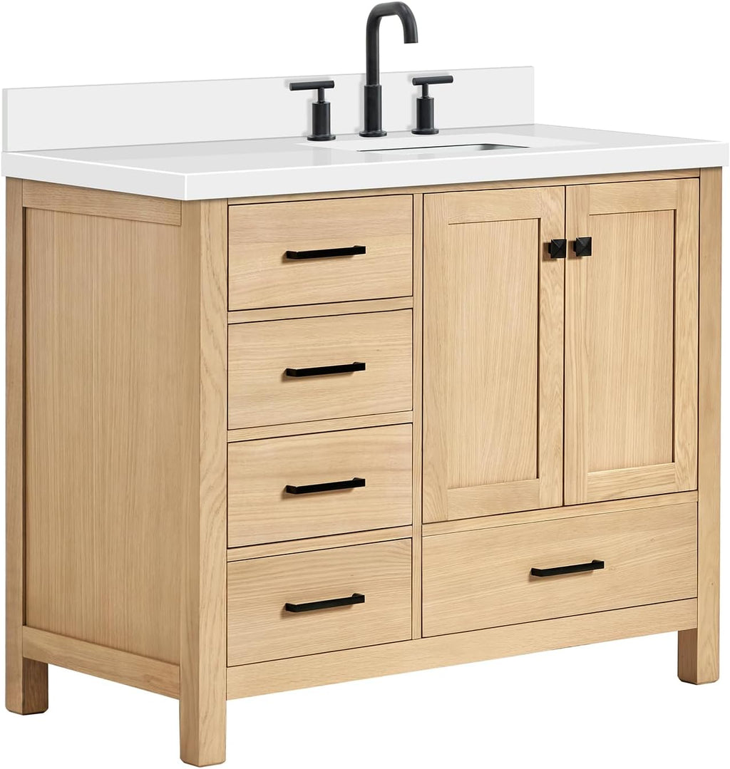ARIEL 42-Inch Oak Bathroom Vanity with Sink, Italian Carrara Marble Countertop & 4' Backsplash, Soft Closing Door & Drawer, Matte Black Hardware