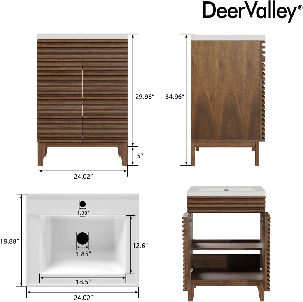 DeerValley 24' Bathroom Vanity with Ceramic Sink Top, Multifunctional Storage Space Vanity, Soft Closing Doors, Pre-Assembled Mid-Century Wood Bathroom Cabinet Sink Combo in Walnut White