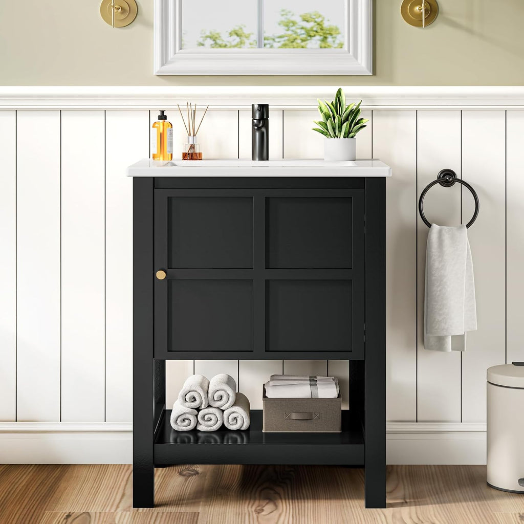24 Inch Bathroom Vanity with Sink, Small Farmhouse Freestanding Bathroom Cabinet Combo Set, Soft Closing Door and Open Storage Shelf, Black