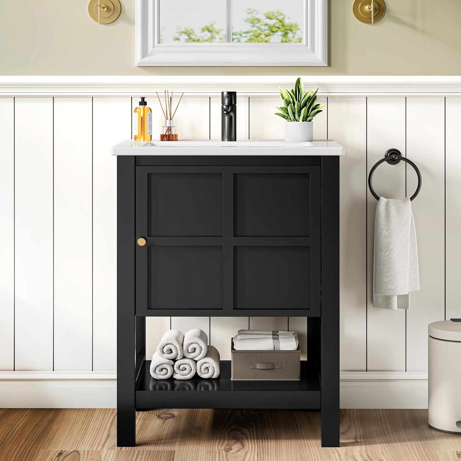 24 Inch Bathroom Vanity with Sink, Small Farmhouse Freestanding Bathroom Cabinet Combo Set, Soft Closing Door and Open Storage Shelf, Black
