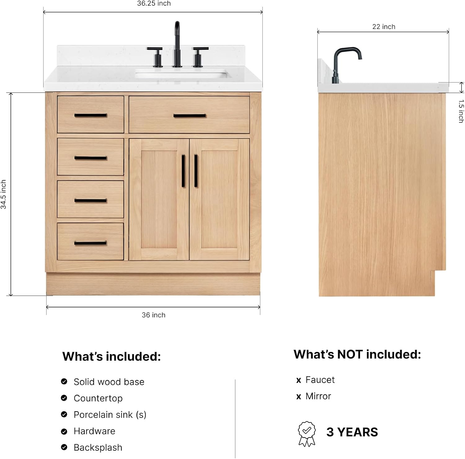 ARIEL Hepburn 36-inch Bathroom Vanity with Sink,Solid Wood, 1.5-inch Carrara White Quartz Countertop, Single Rectangular Porcelain Sink, 2 Soft Closing Doors, 5 Dovetail Drawers, White Oak