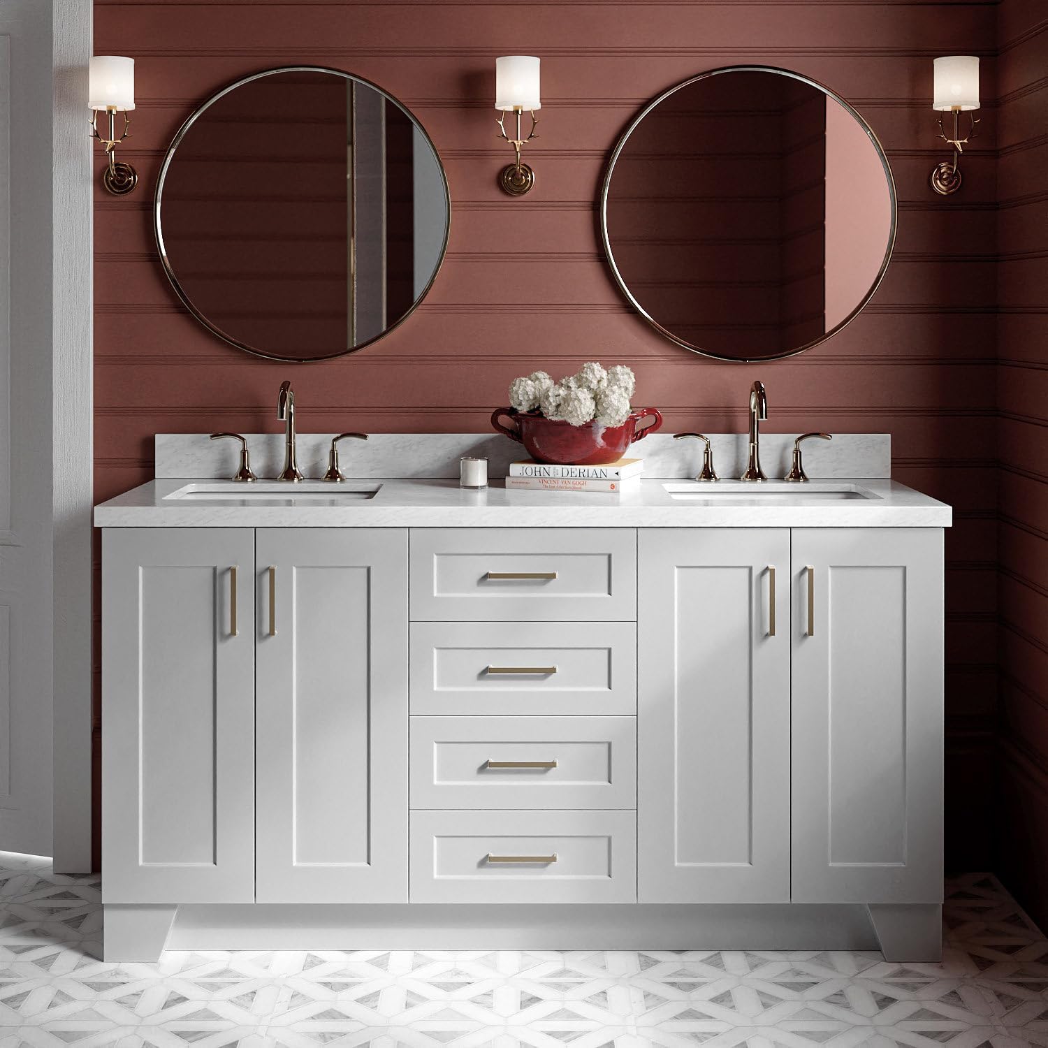 ARIEL Taylor 66-inch Bathroom Vanity with Sink,Solid Wood, 1.5-inch Italian Carrara Marble Countertop & Backsplash, Double Rectangular Porcelain Sink, 4 Soft Closing Doors, 5 Dovetail Drawers, Grey