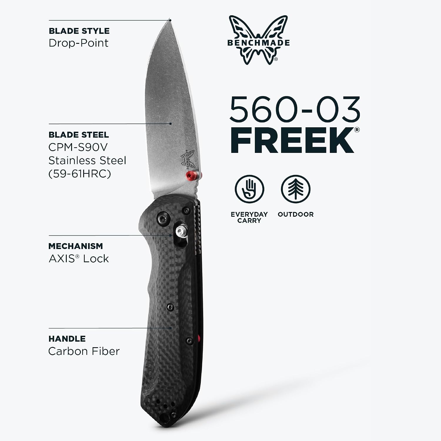 Benchmade - Freek Outdoor EDC Knife, Drop-Point Blade with Carbon Fiber Handle (560-03)