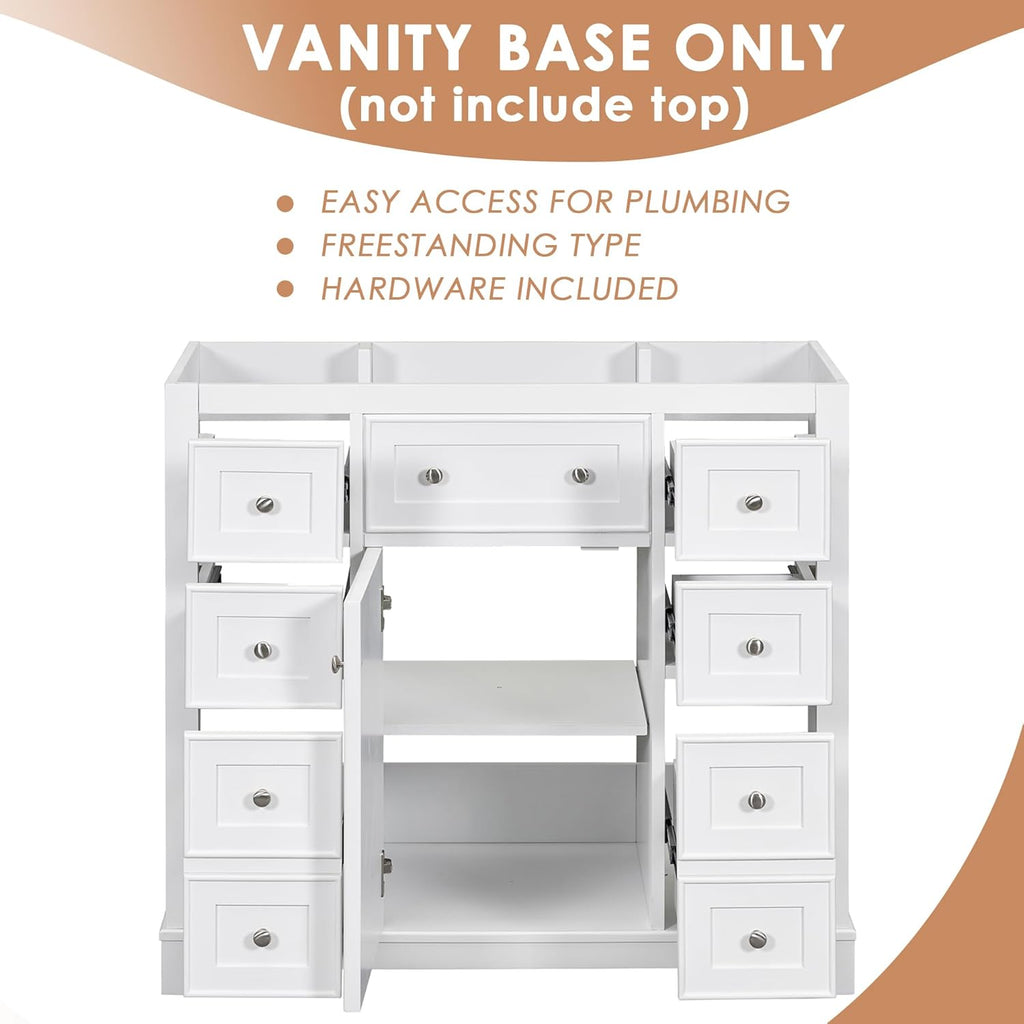 YOPTO 36' Bathroom Vanity Without Sink,Cabinet Base Only,One Cabinets and Six Drawers,Solid Wood Set Frame w/Multi-Functional Drawer Divider,Water-Proof,Stain Proof,White