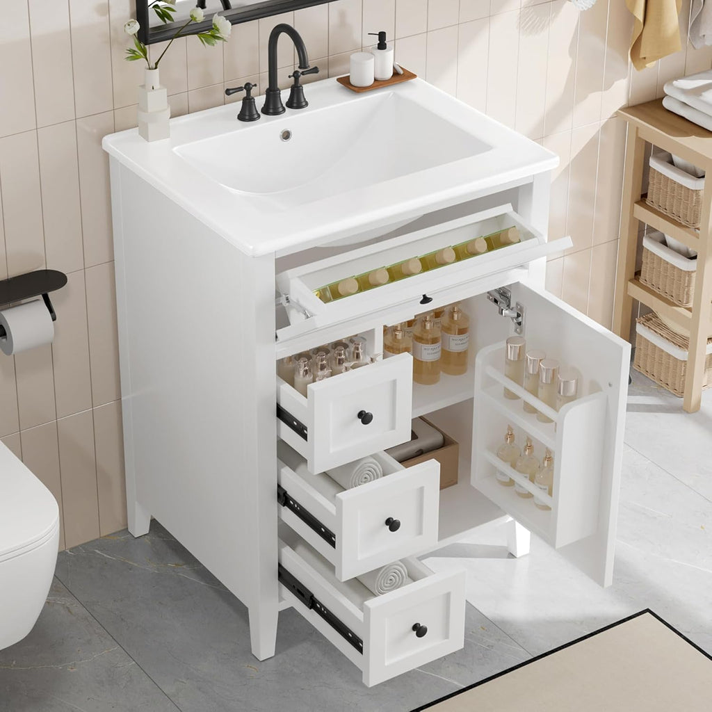 Harper & Bright Designs 24' Bathroom Vanity with Sink, Free Standing Vanity Set with 4 Drawers, Storage Racks, and Adjustable Shelf, Wood Bathroom Cabinet with Ceramic Basin for Bathroom, White