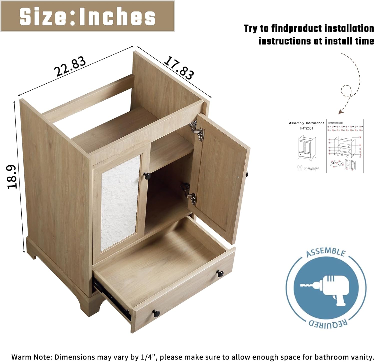 24 inch Bathroom Vanity with Sink, Modern Freestanding Bathroom Vanity Cabinet with Ceramic Sink, Sand Like Texture Cabinet Doors, Soft Closed Drawer, Adjustable Shelf, Easy Assembly