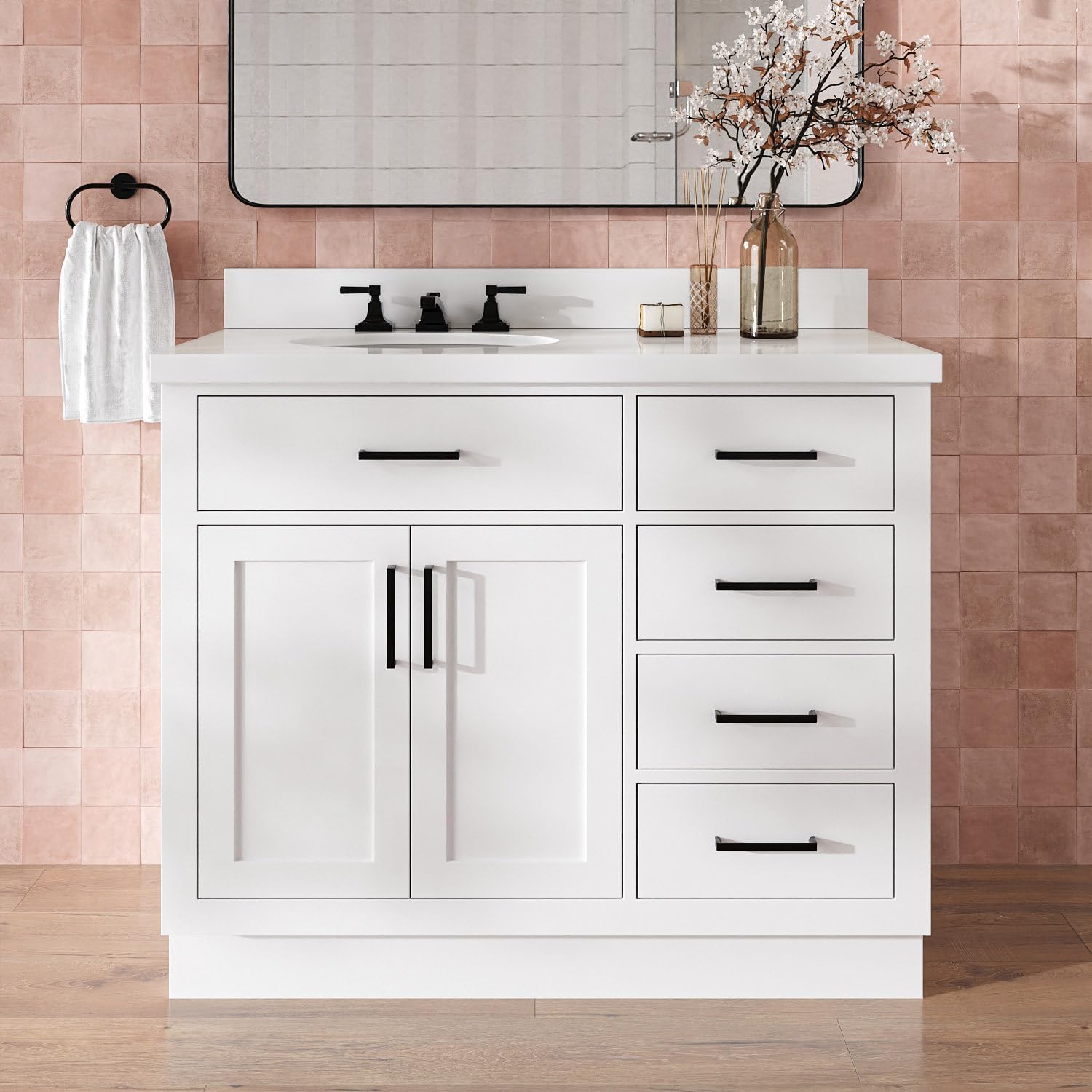 DKB Isabella 42' White Bathroom Vanity with Oval Sink, 1.5' Pure White Quartz Countertop, Solid Wood Frame, 2 Soft-Close Doors, 5 Dovetail Drawers