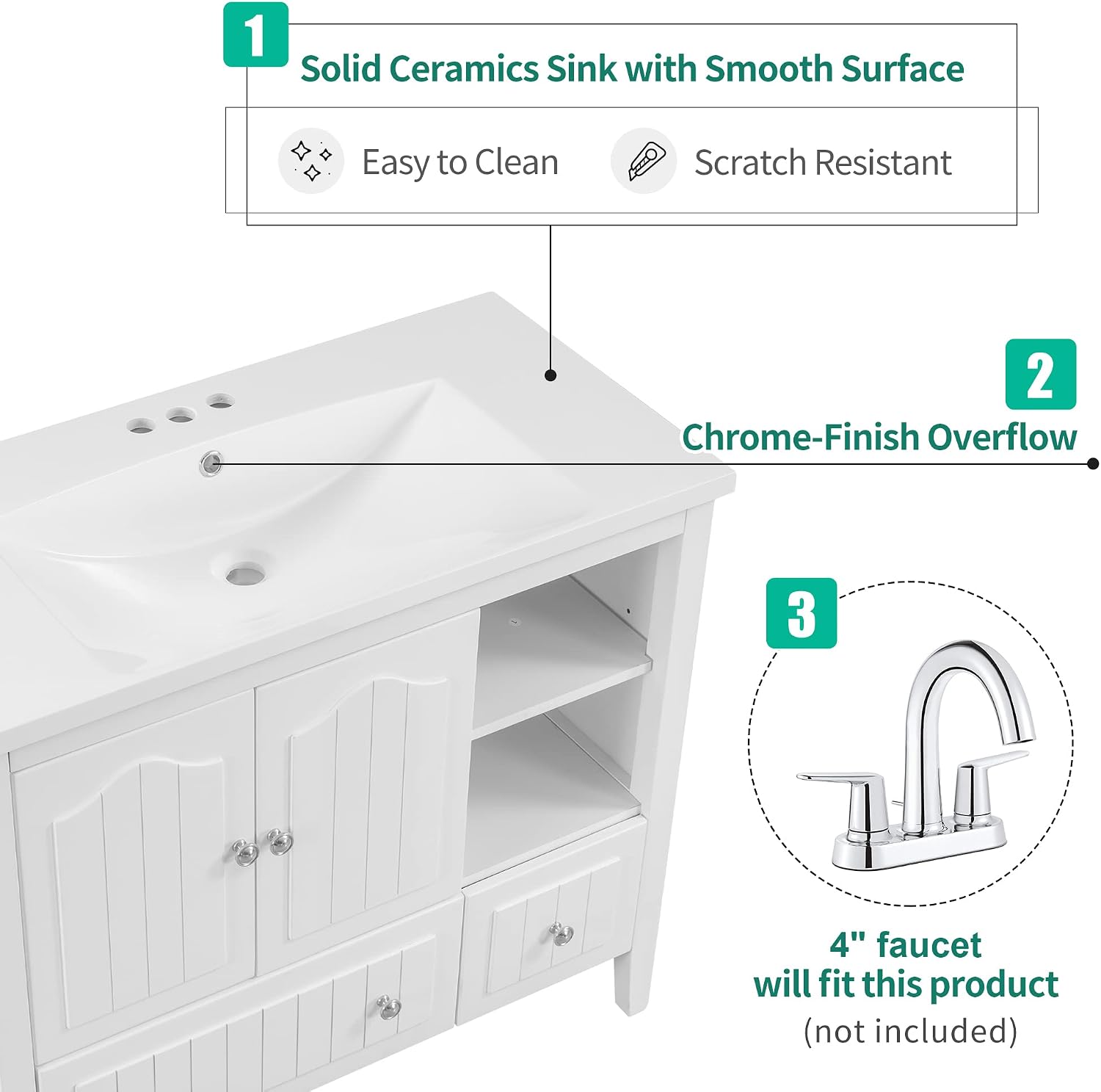 36' Bathroom Vanity Top Only, Drop-in Ceramic Sink with Pre-drilled 3 Holes and Overflow Hole