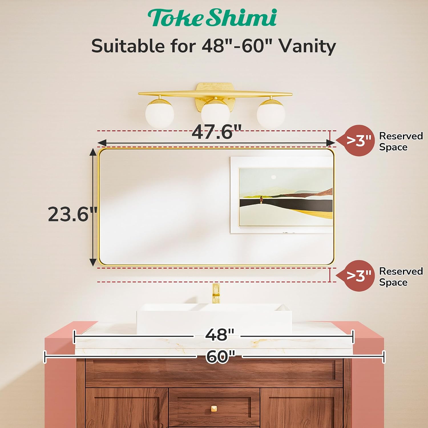 TokeShimi 48x24 Brushed Gold Bathroom Mirror for Over Sink,Bathroom Mirror Rectangle with Tempered Glass,Vanity Mirror with Aluminum Frame(Horizontal/Vertical)