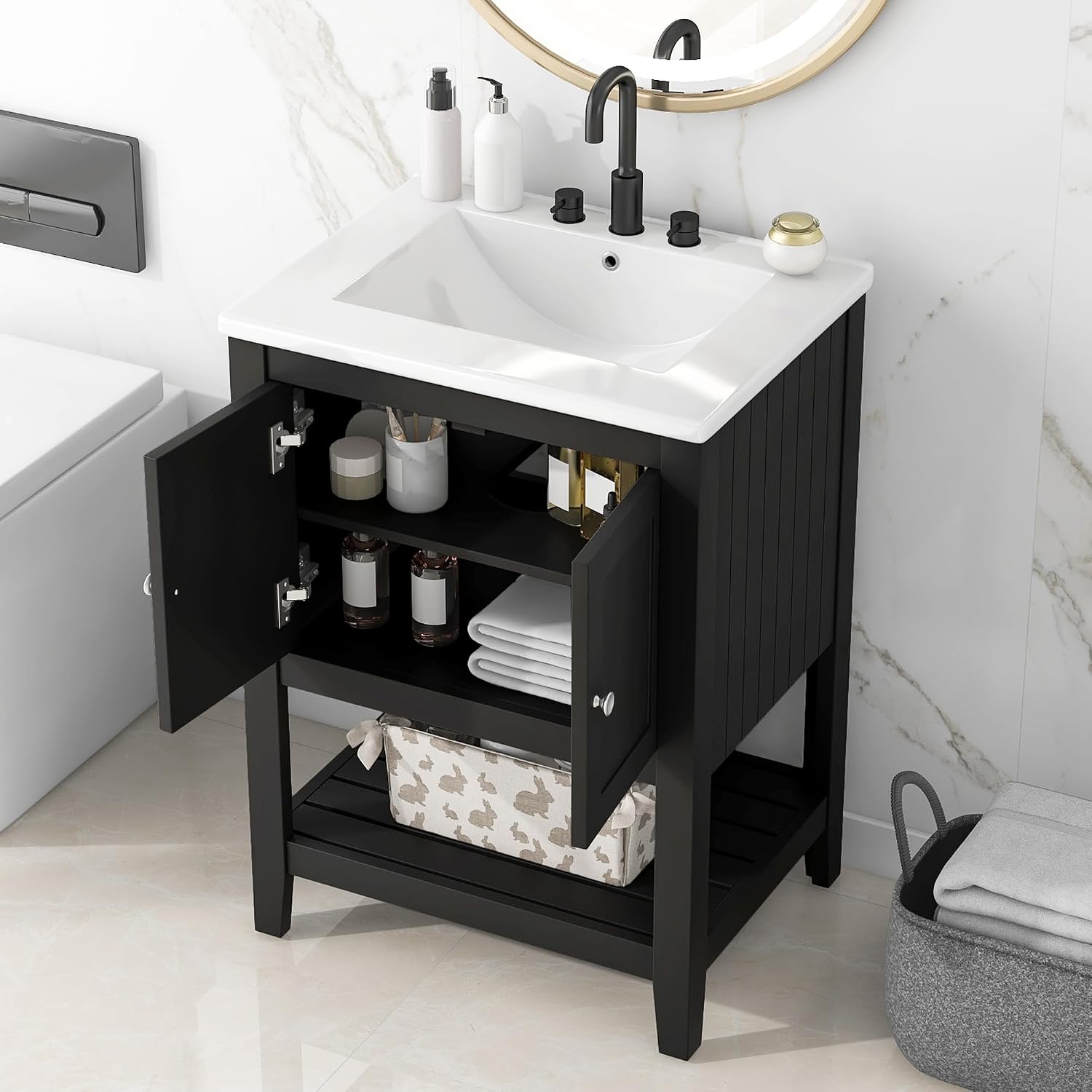 Merax 24' Bathroom Vanity with Sink,Small Bathroom Sink Cabinet with Ceramic Basin,Single Bathroom Vanities Cabinet with 2 Doors and 1 Open Shelf,Solid Wood Frame,Black
