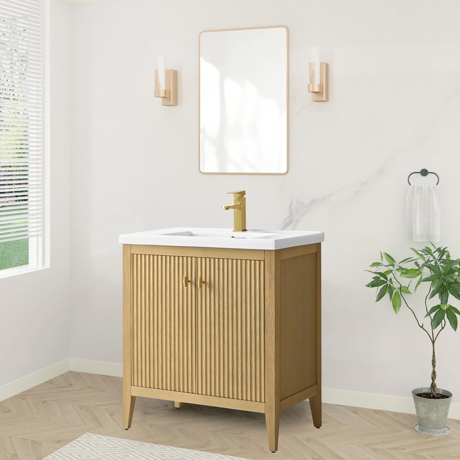 HOMEBEYOND 30' Bathroom Vanity with Ceramic Sink, Solid Wood Free-Standing Vanities Cabinet, Ceramic Top, Golden Brushed Handware & Soft Closing Door, Natural Oak