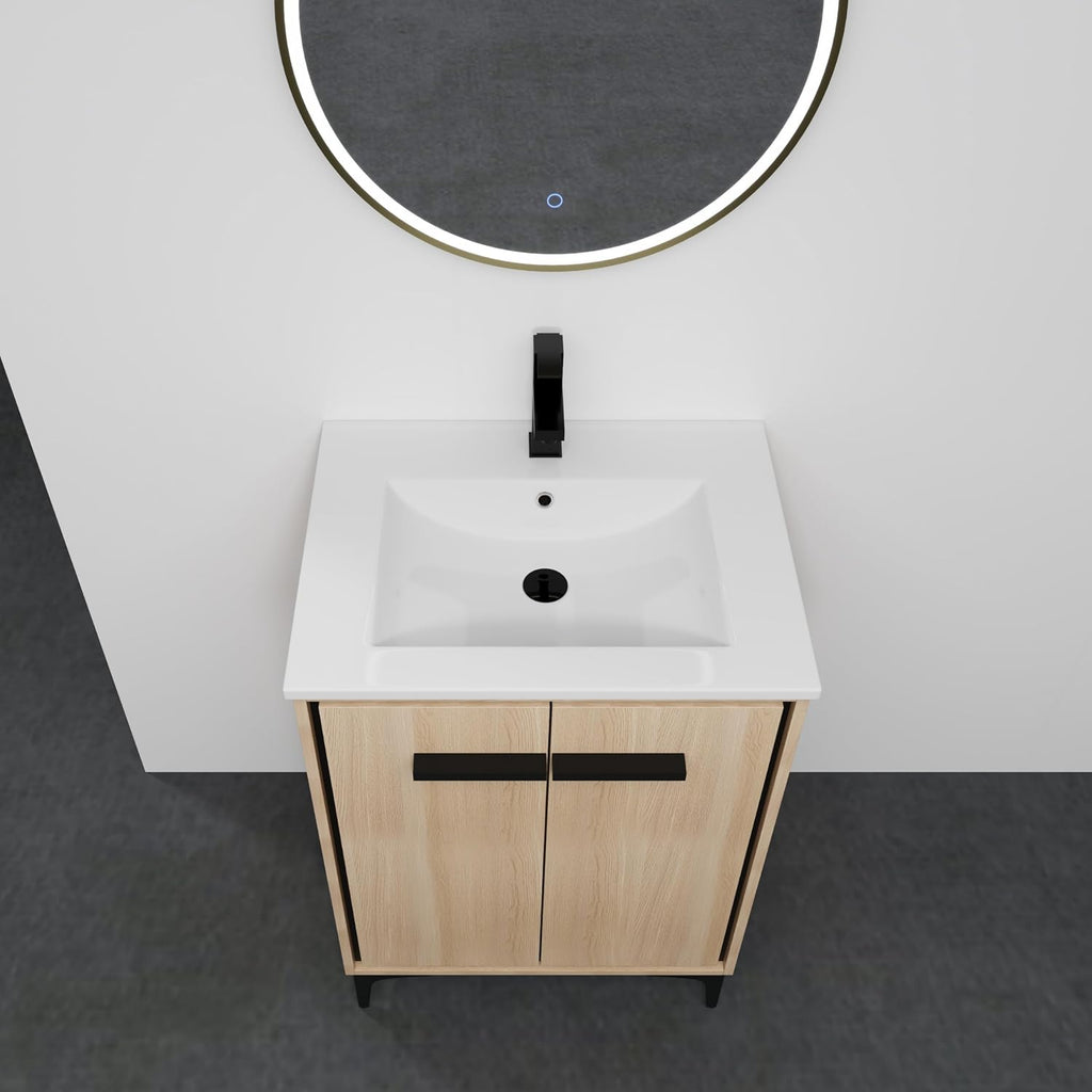 24 Inch Bathroom Vanity with Sink, Freestanding Single Sink Bathroom Vanity with Soft Closed Doors, Integrated Sink, Engineered Wood Bathroom Sink Vanity (Oak)