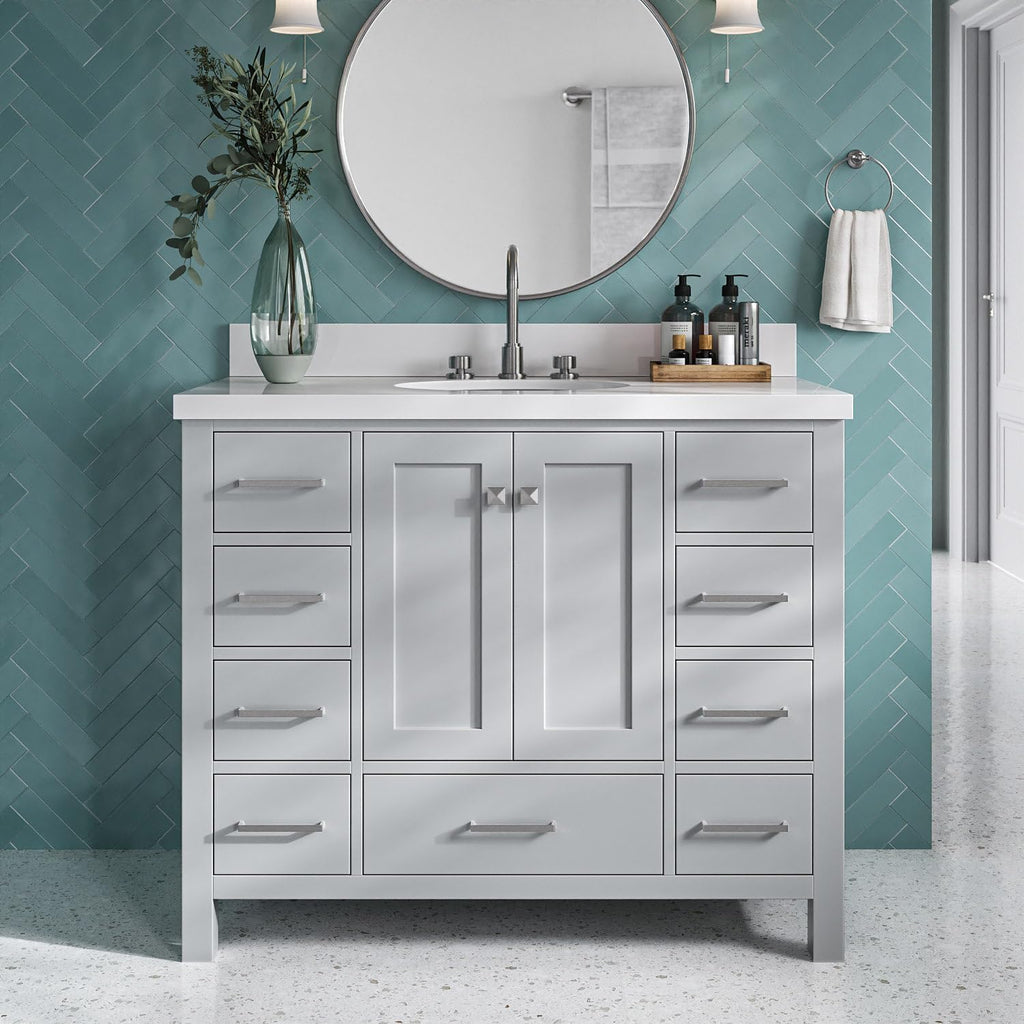 DKB Beckford 42-Inch Gray Bathroom Vanity with Sink, 1.5-Inch Pure White Quartz Countertop & Sidesplash, Oval Undermount Sink, 2 Soft Closing Doors, 9 Full Extension Dovetail Drawers, Satin Nickel