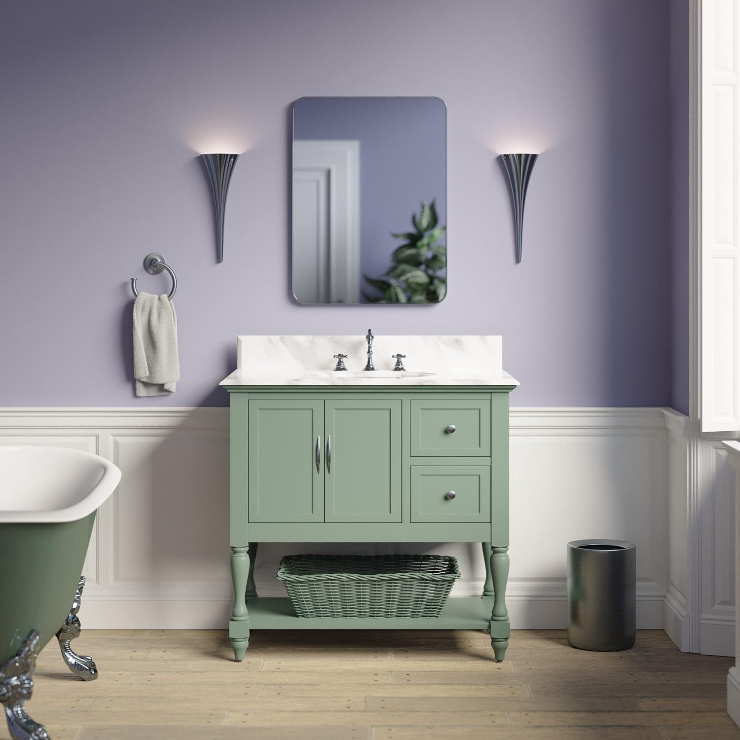 Kitchen Bath Collection Beverly 36-inch Bathroom Vanity (Carrara/Sage Green): Includes Sage Green Cabinet with Authentic Italian Carrara Marble Countertop and White Ceramic Sink