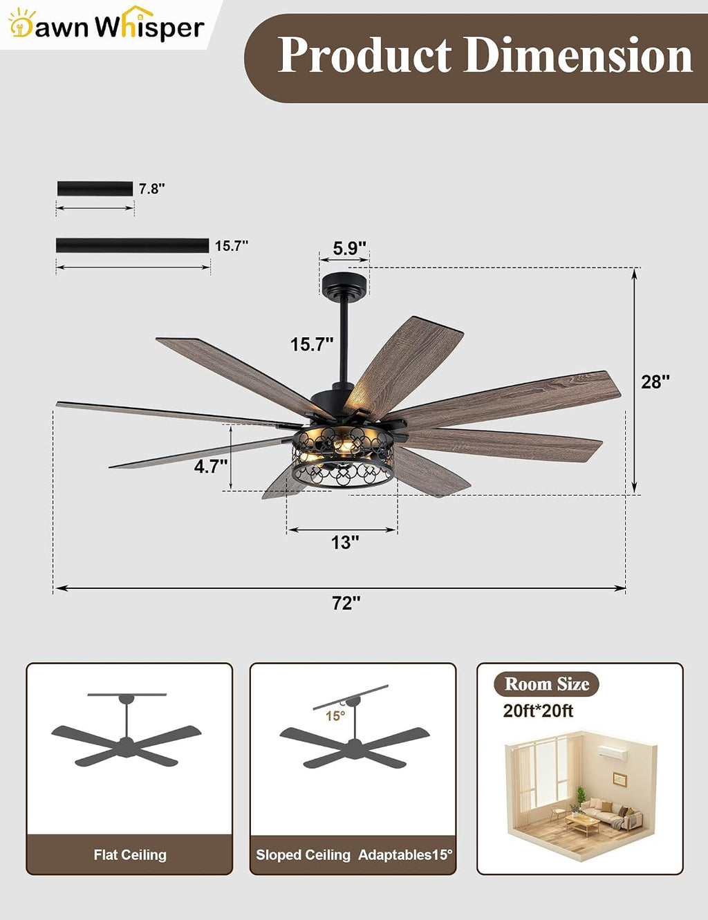 Dawn Whisper Farmhouse 72 Inch Ceiling Fans with Lights and Remote Quiet and Reversible DC Motor Black Industrial Rustic Caged Ceiling Fan for Bedroom Living Room Covered Patio