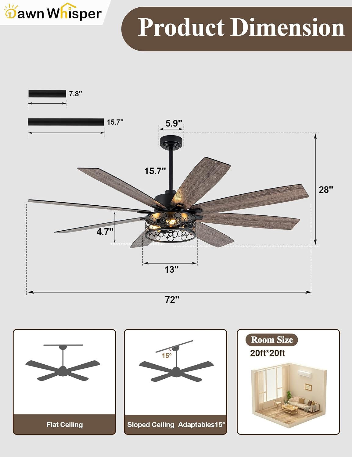 Dawn Whisper Farmhouse 72 Inch Ceiling Fans with Lights and Remote Quiet and Reversible DC Motor Black Industrial Rustic Caged Ceiling Fan for Bedroom Living Room Covered Patio
