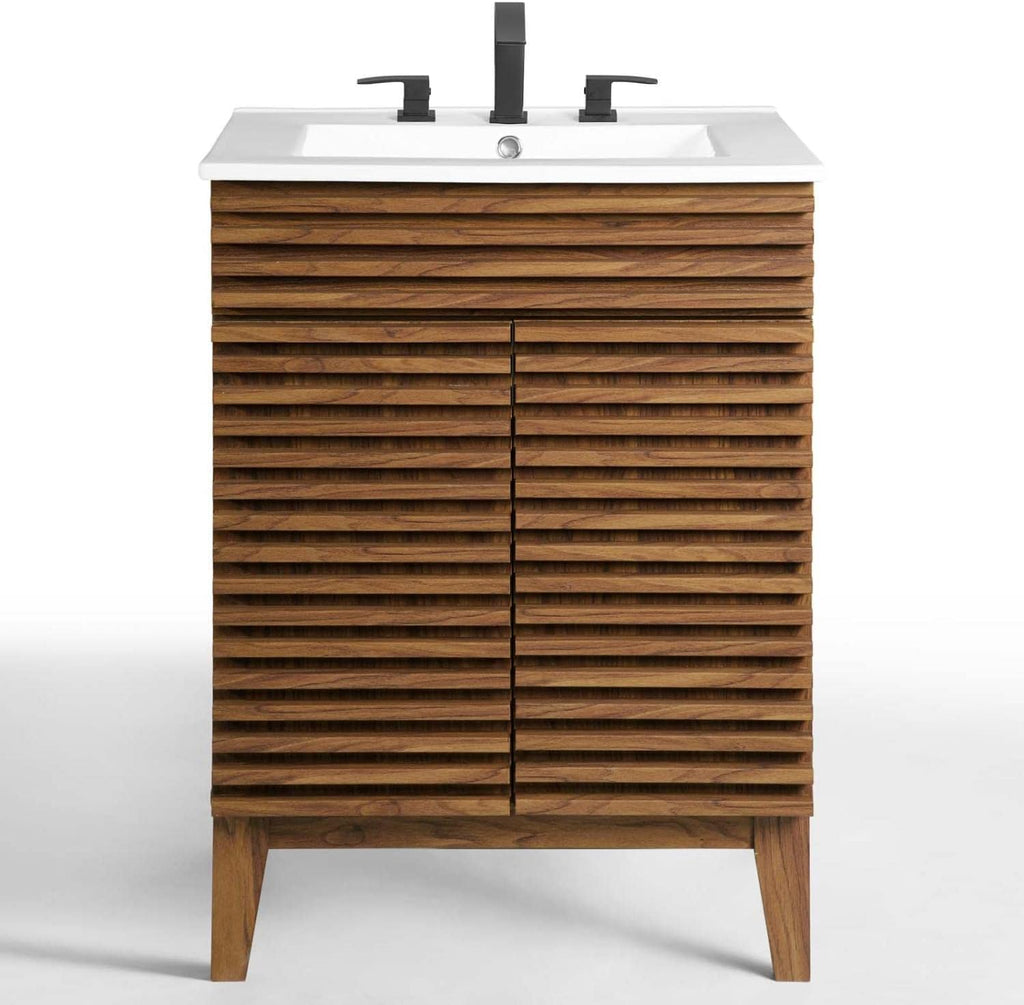 Modway Render Mid-Century Bathroom Vanity With Sink in Walnut White,24 Inch