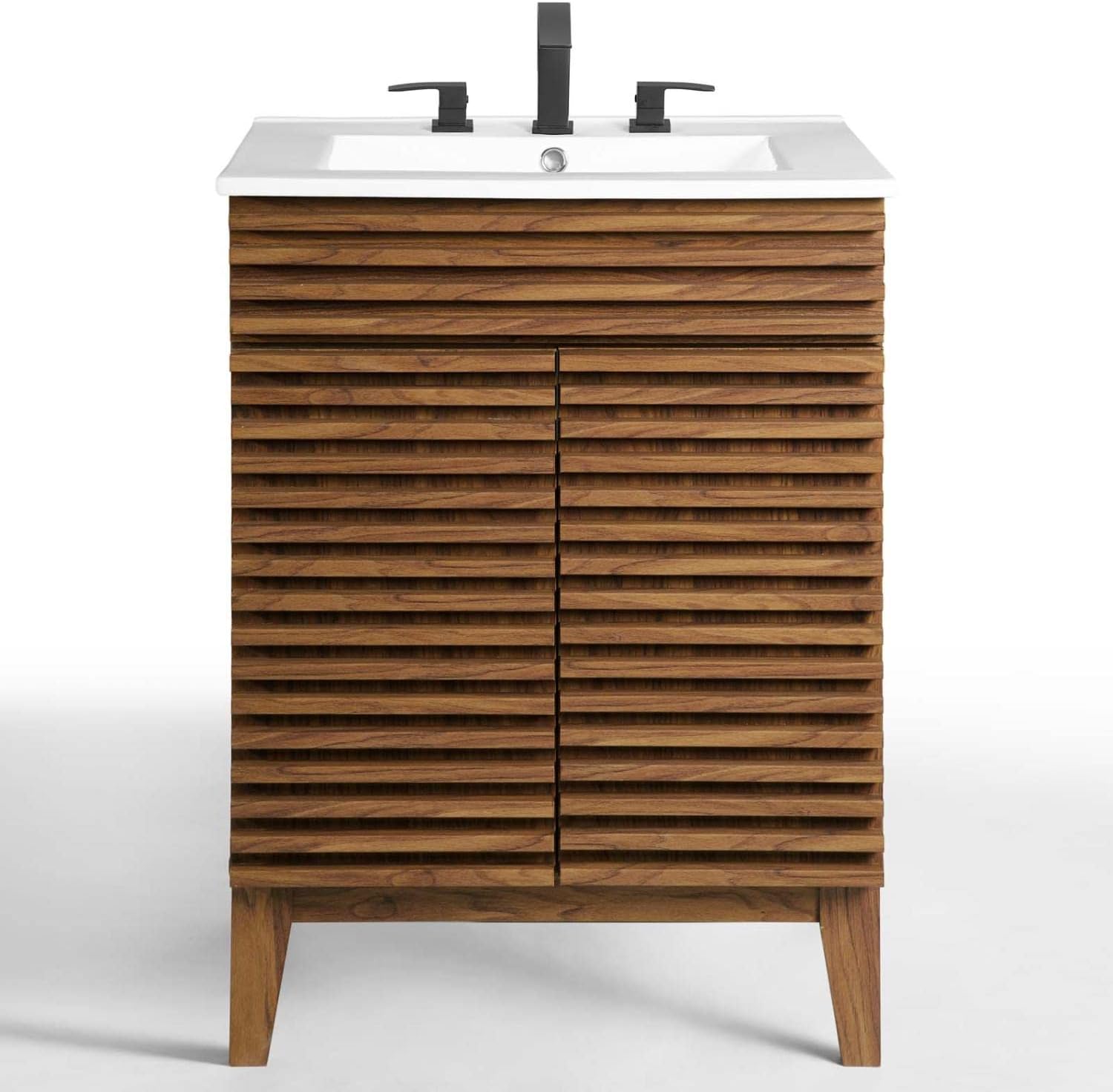 Modway Render Mid-Century Bathroom Vanity With Sink in Walnut White,24 Inch